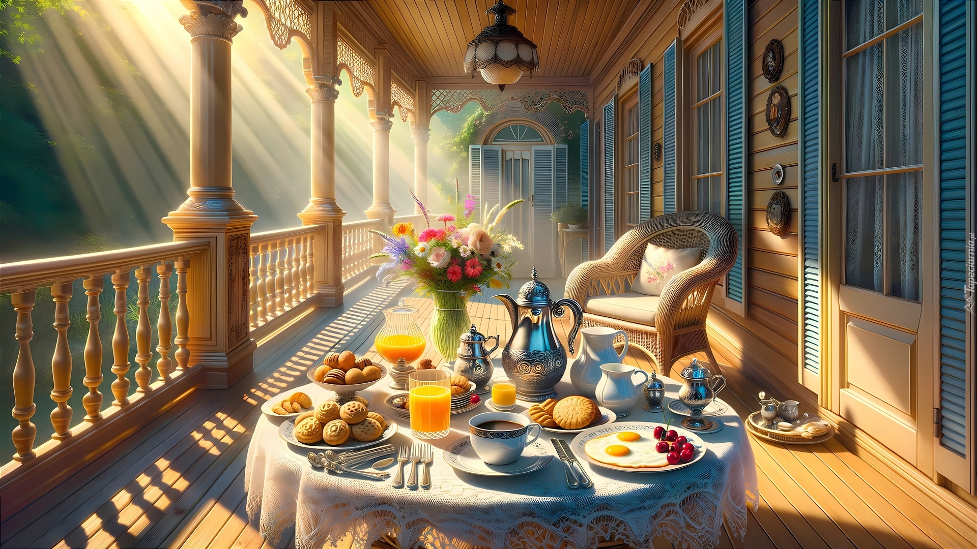 Dom, Taras, Stół, Fotel, Przebijające światło, Grafika AI