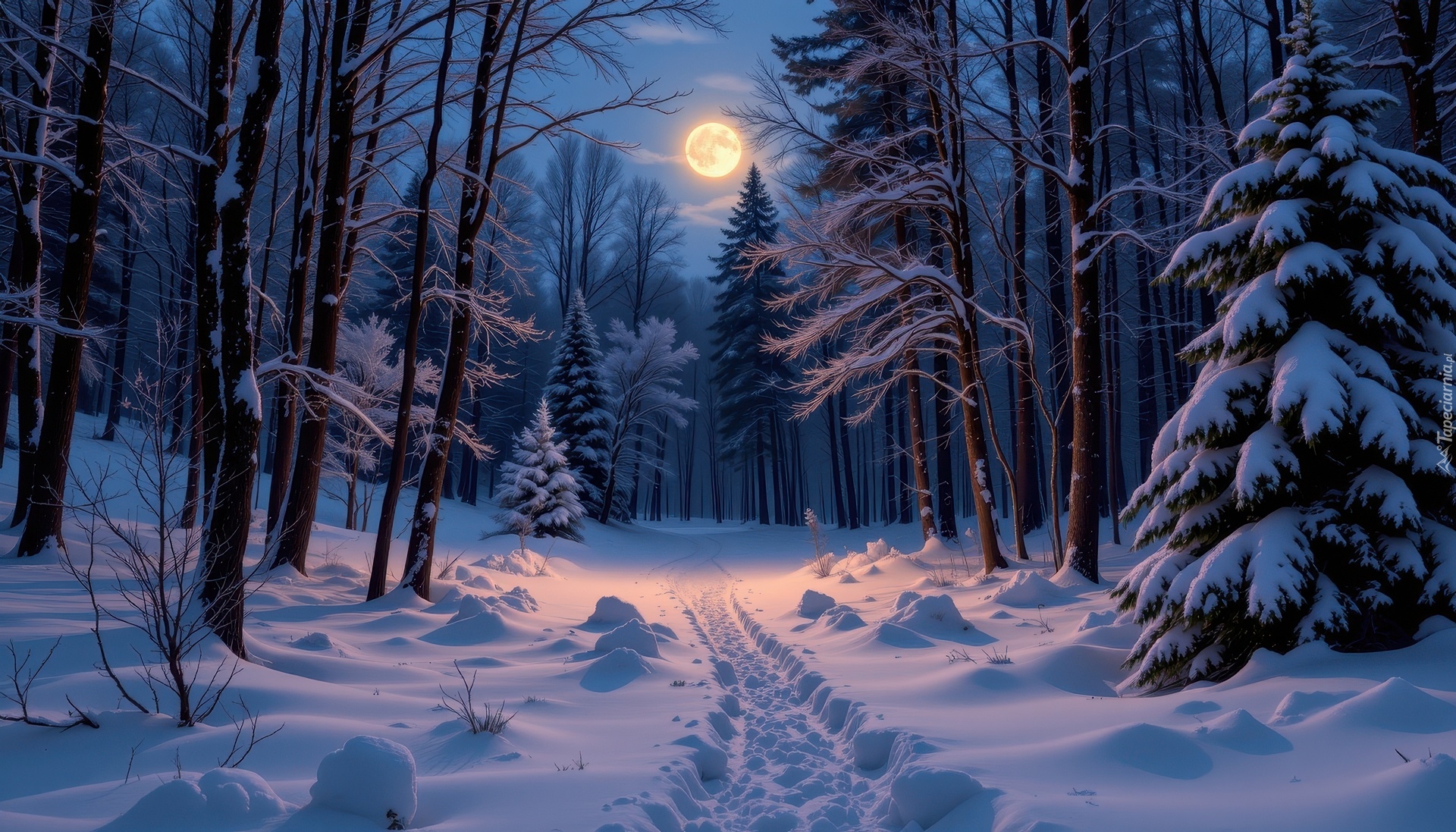 Zima, Las, Drzewa, Ścieżka, Księżyc, Noc, Grafika