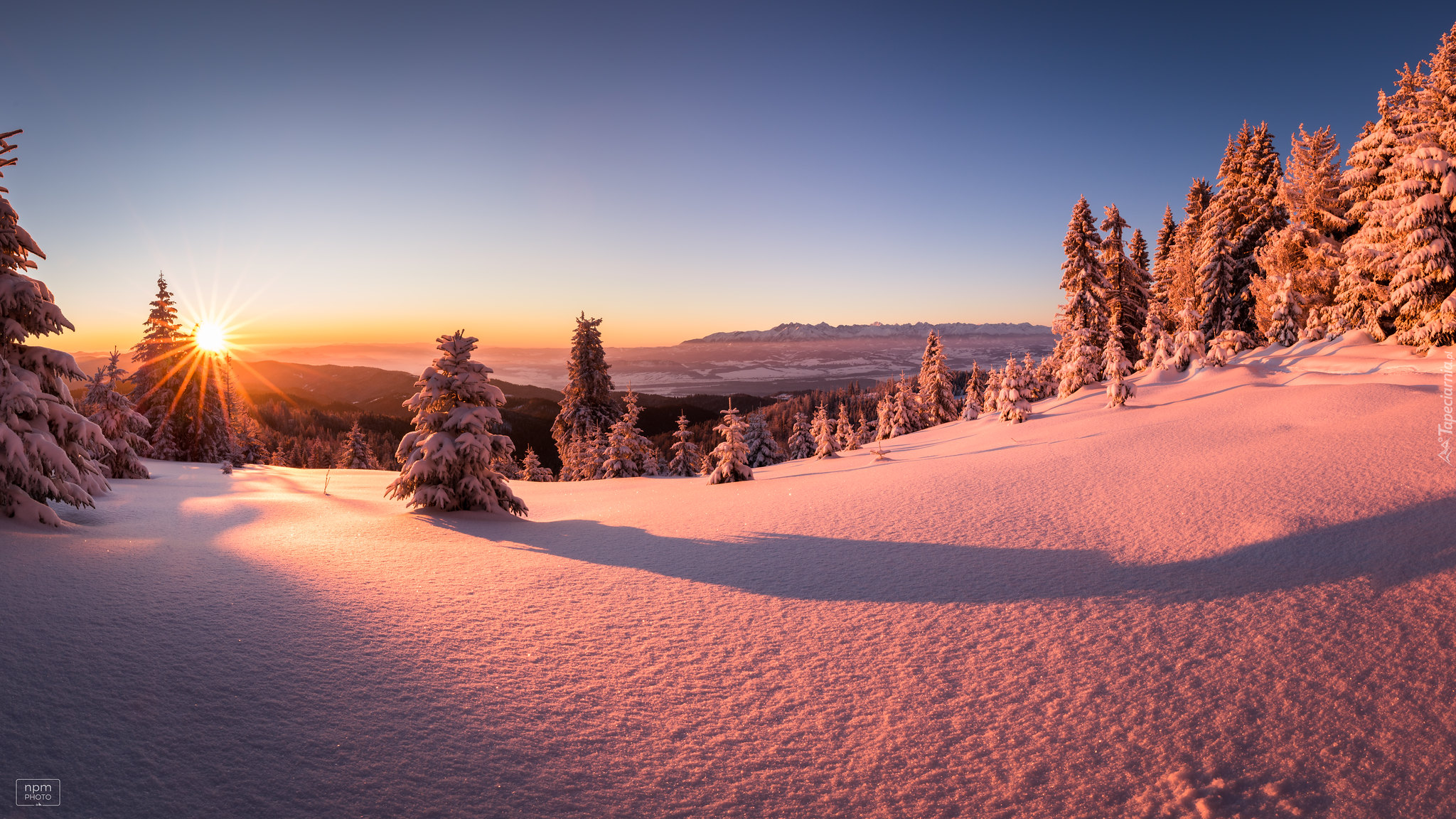 Zima, Wschód słońca, Śnieg, Drzewa, Góry, Tatry, Hala Młyńska, Koszary Łopuszańskie, Powiat nowotarski, Polska