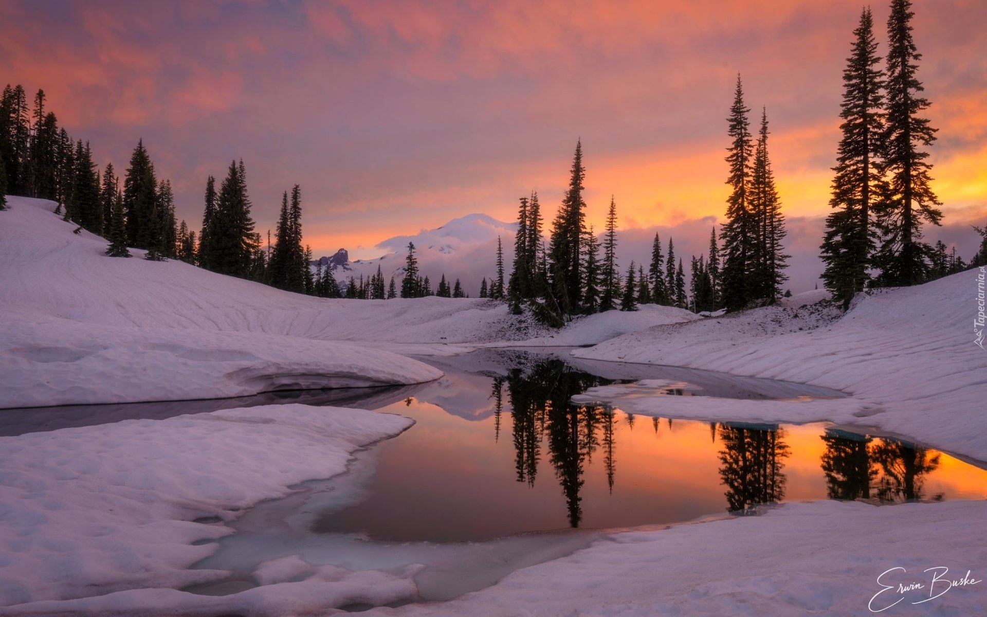 Zima, Góry, Jezioro, Tipsoo Lake, Drzewa, Odbicie, Park Narodowy Mount Rainier, Stan Waszyngton, Stany Zjednoczone