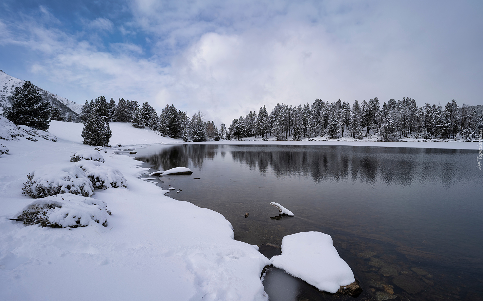 Zima, Śnieg, Jezioro, Drzewa, Chmury