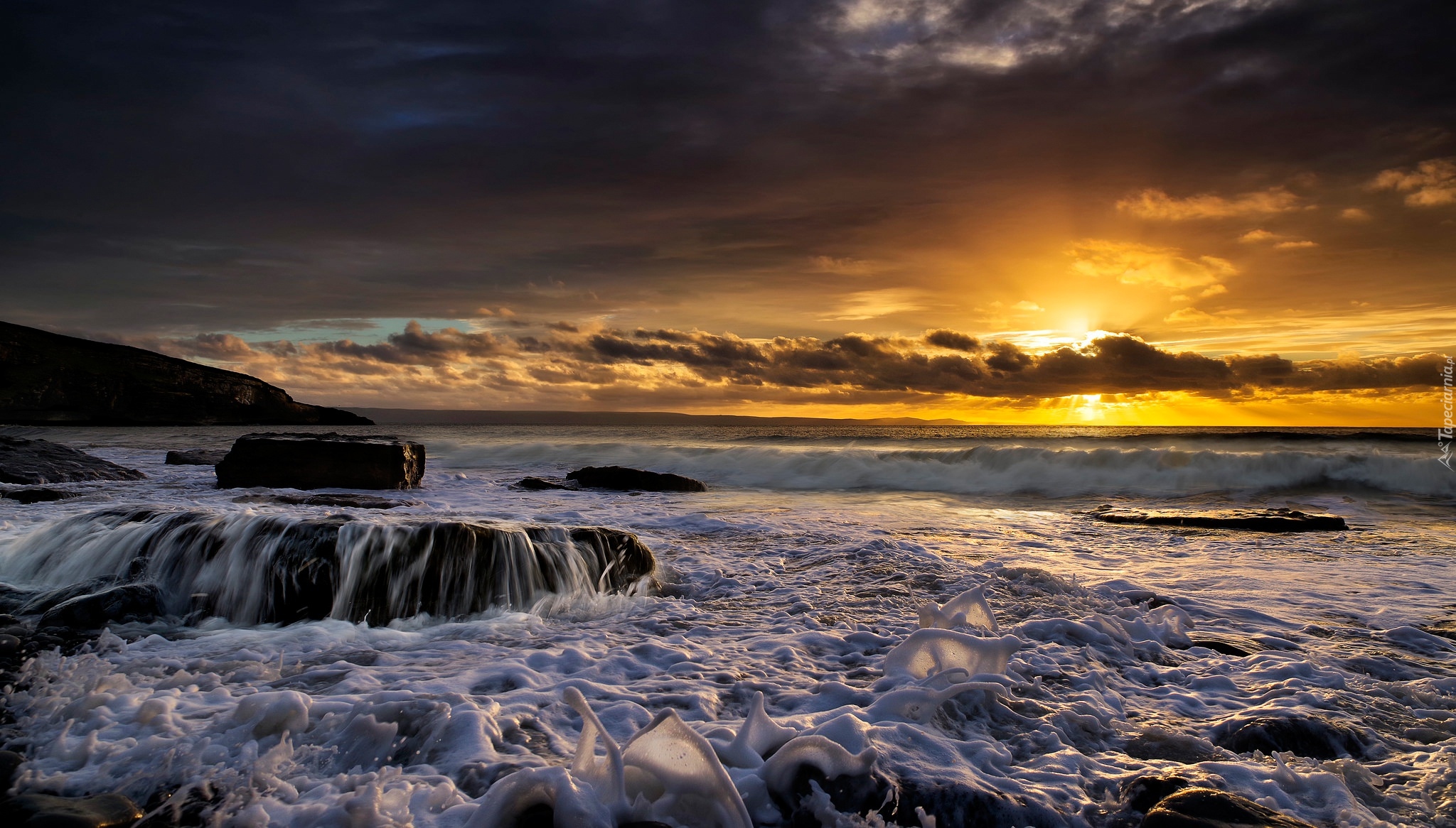 Walia, Southerndown, Plaża Dunraven Bay, Kanał Bristolski, Zatoka Dunraven, Morze, Fale, Zachód Słońca