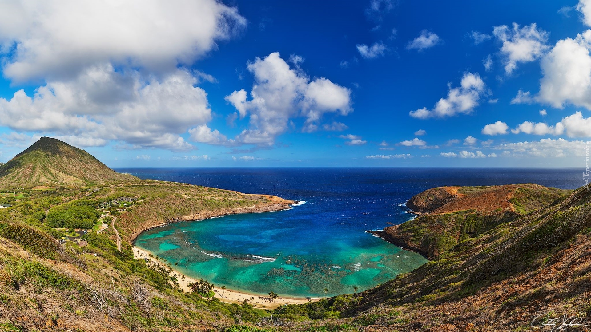 Stany Zjednoczone, Hawaje, Zatoka Hanauma Bay, Wyspa Oahu, Chmury, Morze, Wzgórza