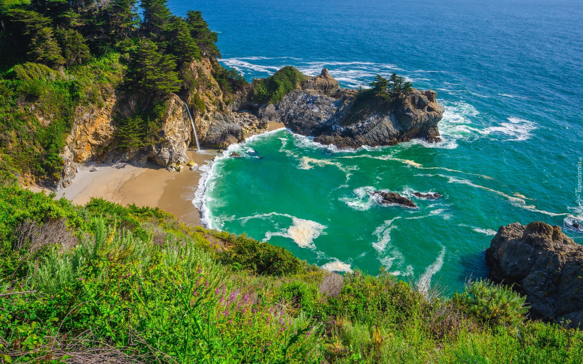 Park Stanowy Julia Pfeiffer Burns, Wybrzeże Big Sur, Morze, Zatoka McWay Cove, Wodospad, McWay Falls, Plaża, Skały, Drzewa, Kalifornia, Stany Zjednoczone