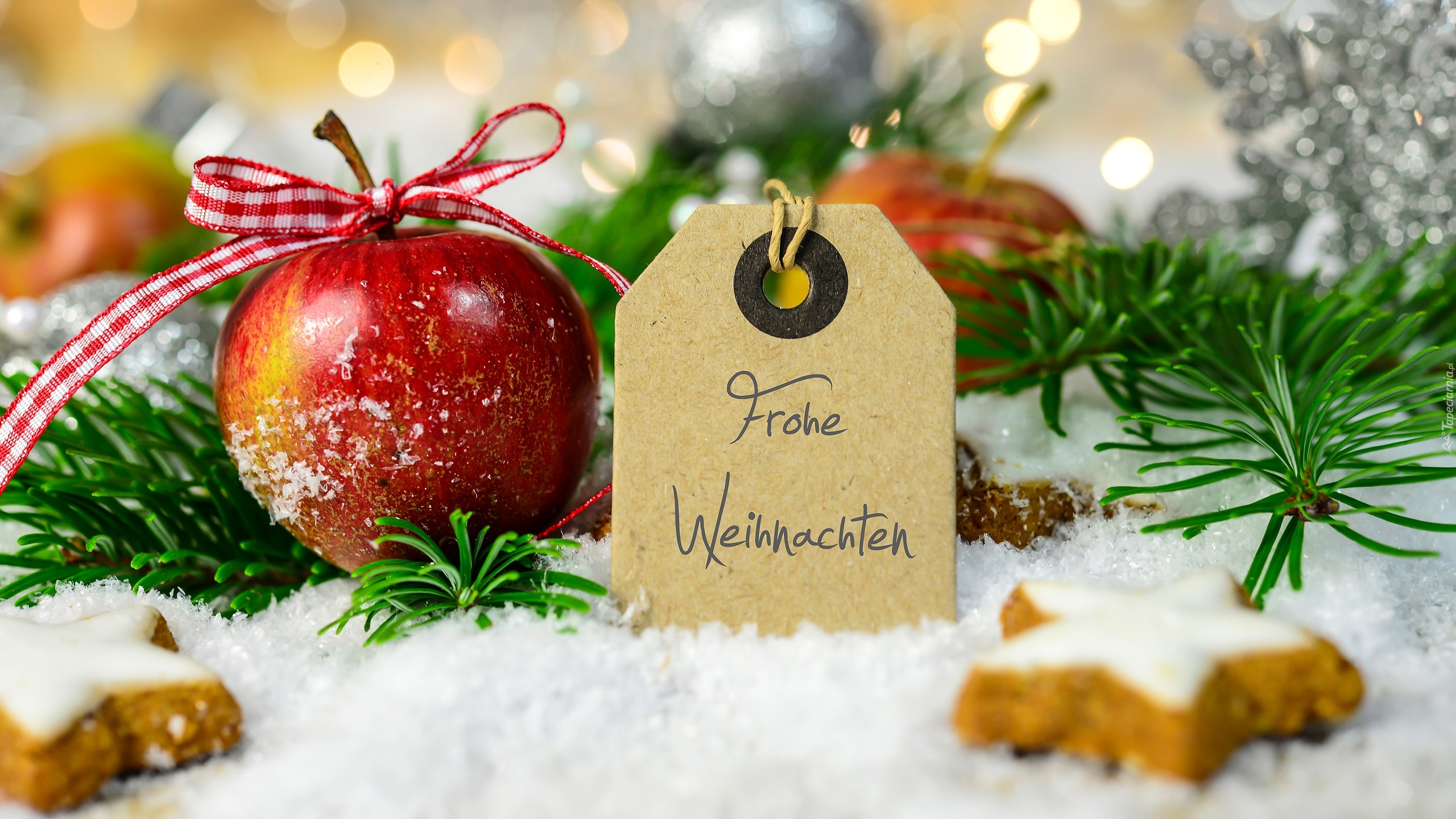 Kompozycja, Świąteczna, Boże Narodzenie, Jabłko, Gałązki, Zawieszka, Napis, Frohe Weihnachten, Wesołych Świąt