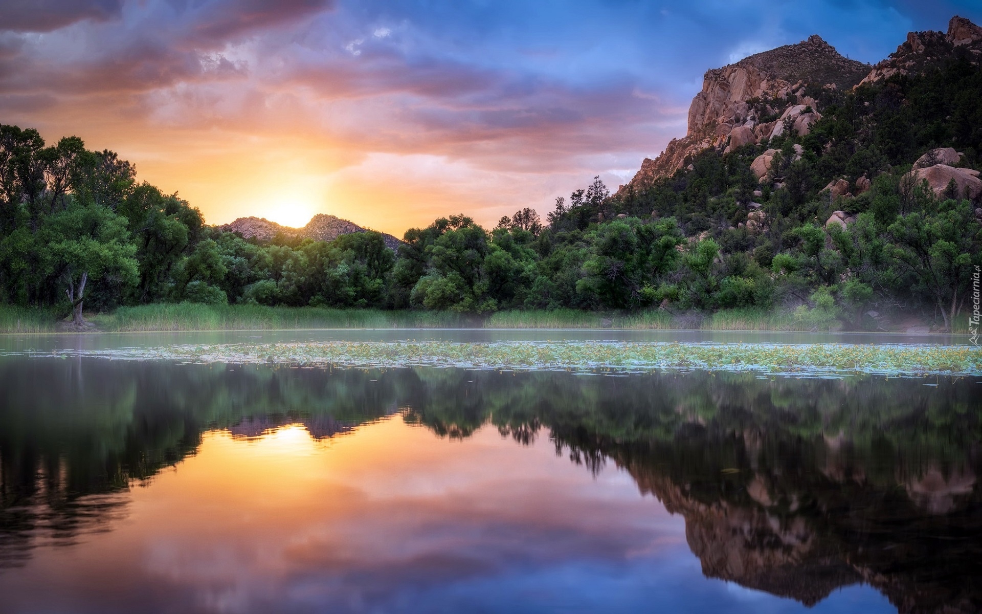 Zachód słońca, Góry, Jezioro, Zbiornik, Granite Basin Lake, Drzewa, Las, Prescott National Forest, Arizona, Stany Zjednoczone