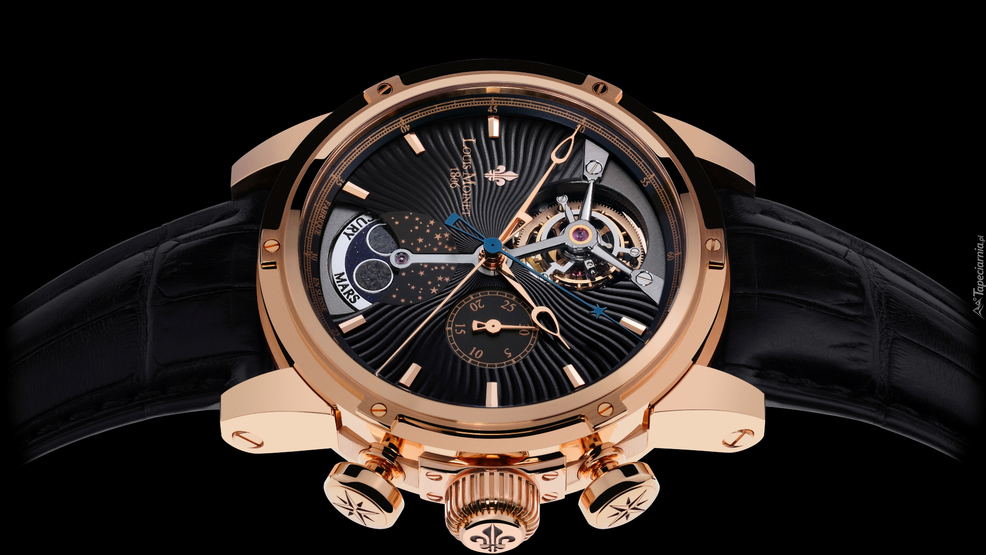 Zegarek, Męski, Louis Moinet, Skórzany, Pasek, Czarne, Tło