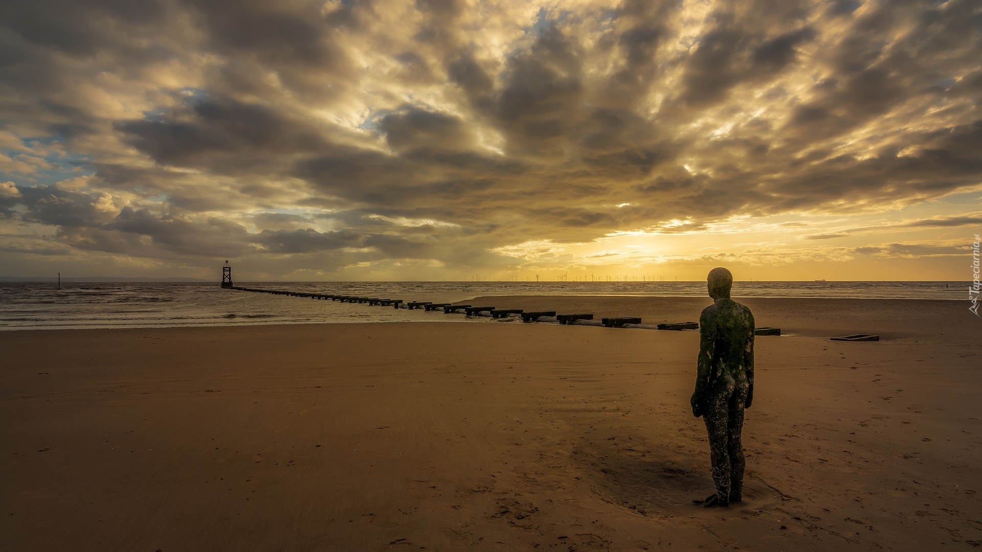 Zachód słońca, Rzeka Mersey, Plaża Crosby Beach, Żeliwny, Posąg, Liverpool, Anglia