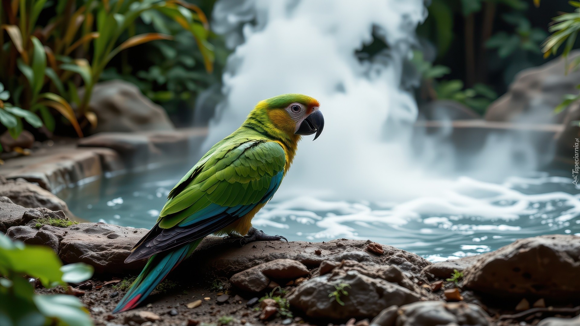 Zielona, Papuga, Ara, Oczko wodne, Kamienie