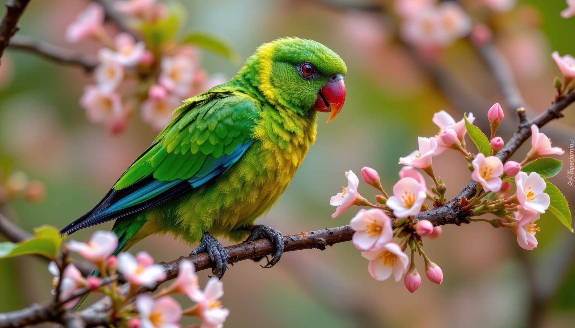 Zielona, Papuga, Kwiaty, Gałązka, Grafika AI