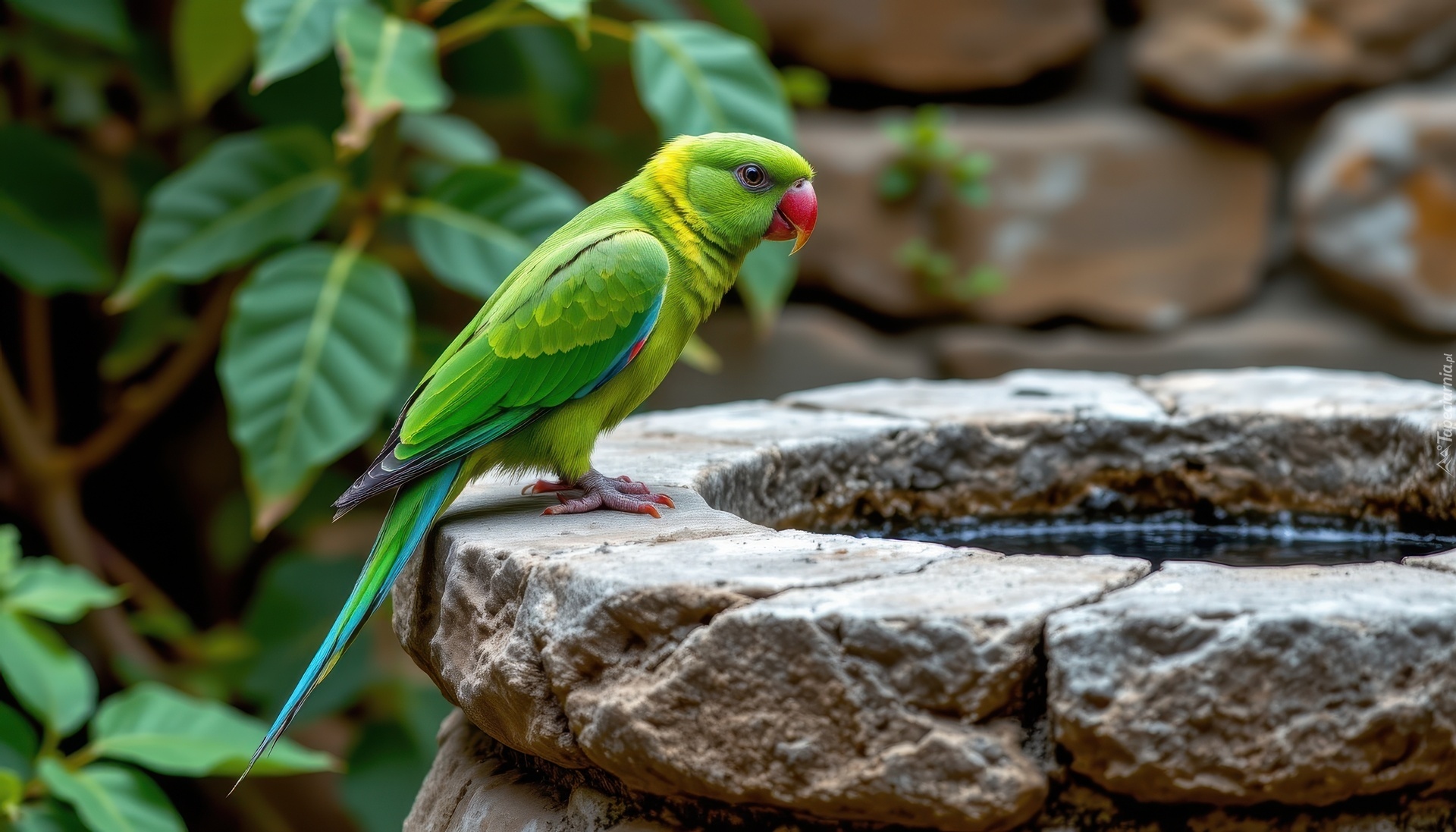 Papuga, Zielona, Ptak, Kamienne, Poidło, Grafika AI