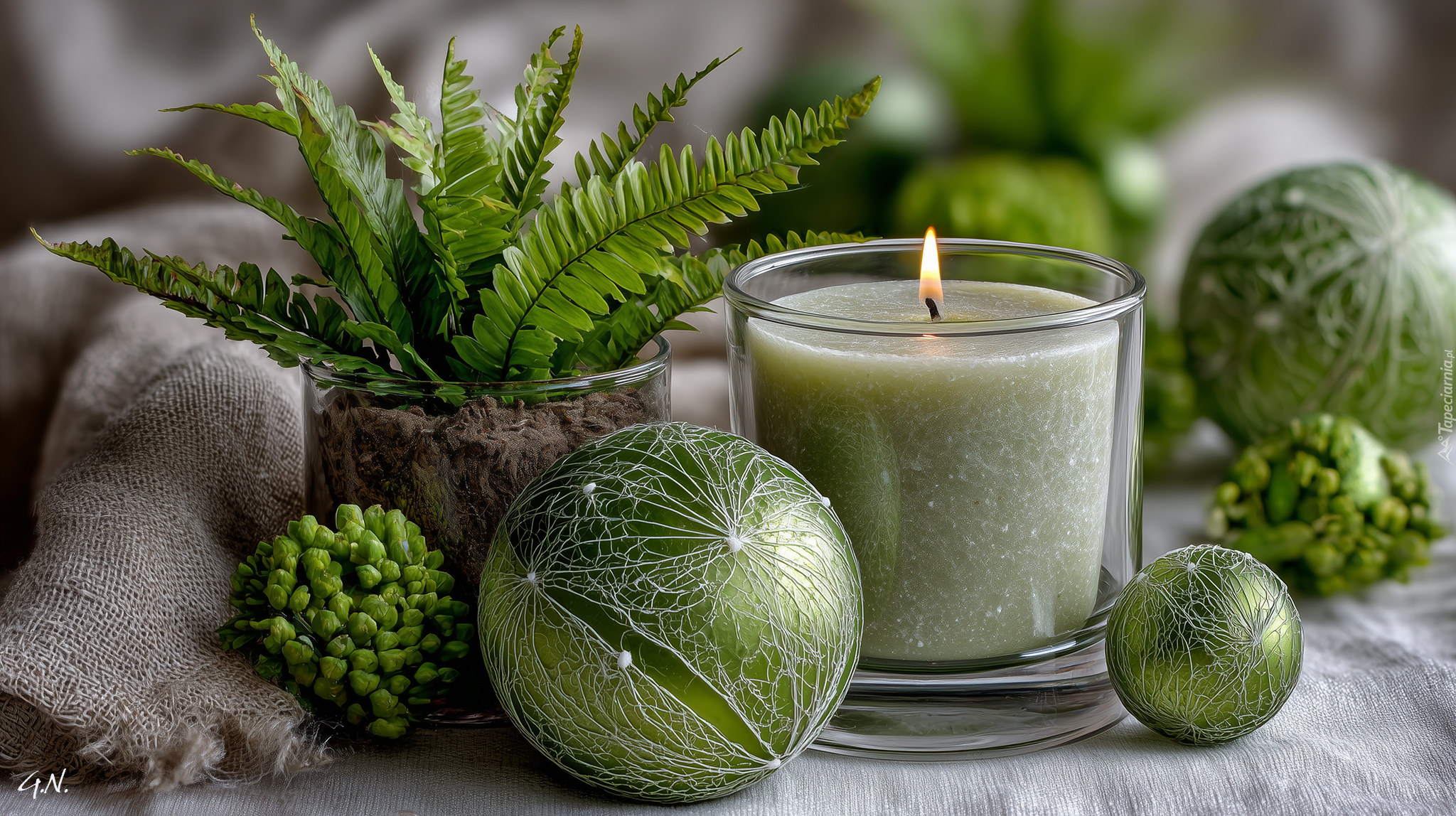 Świeca, Bombki, Paproć, Grafika AI, Świąteczna