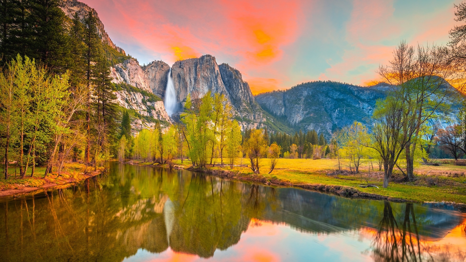 Stany Zjednoczone, Kalifornia, Park Narodowy Yosemite, Góry Sierra Nevada, Wodospad, Rzeka, Merced River, Drzewa, Odbicie