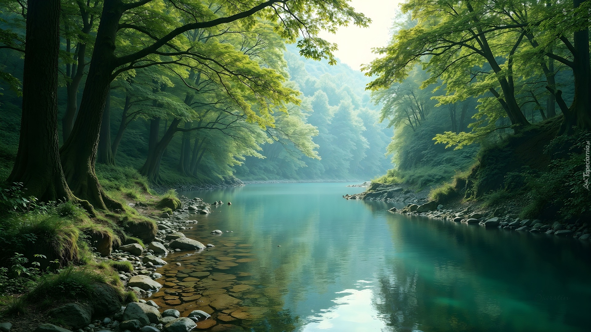Rzeka, Las, Zielone, Drzewa, Kamienie, AI