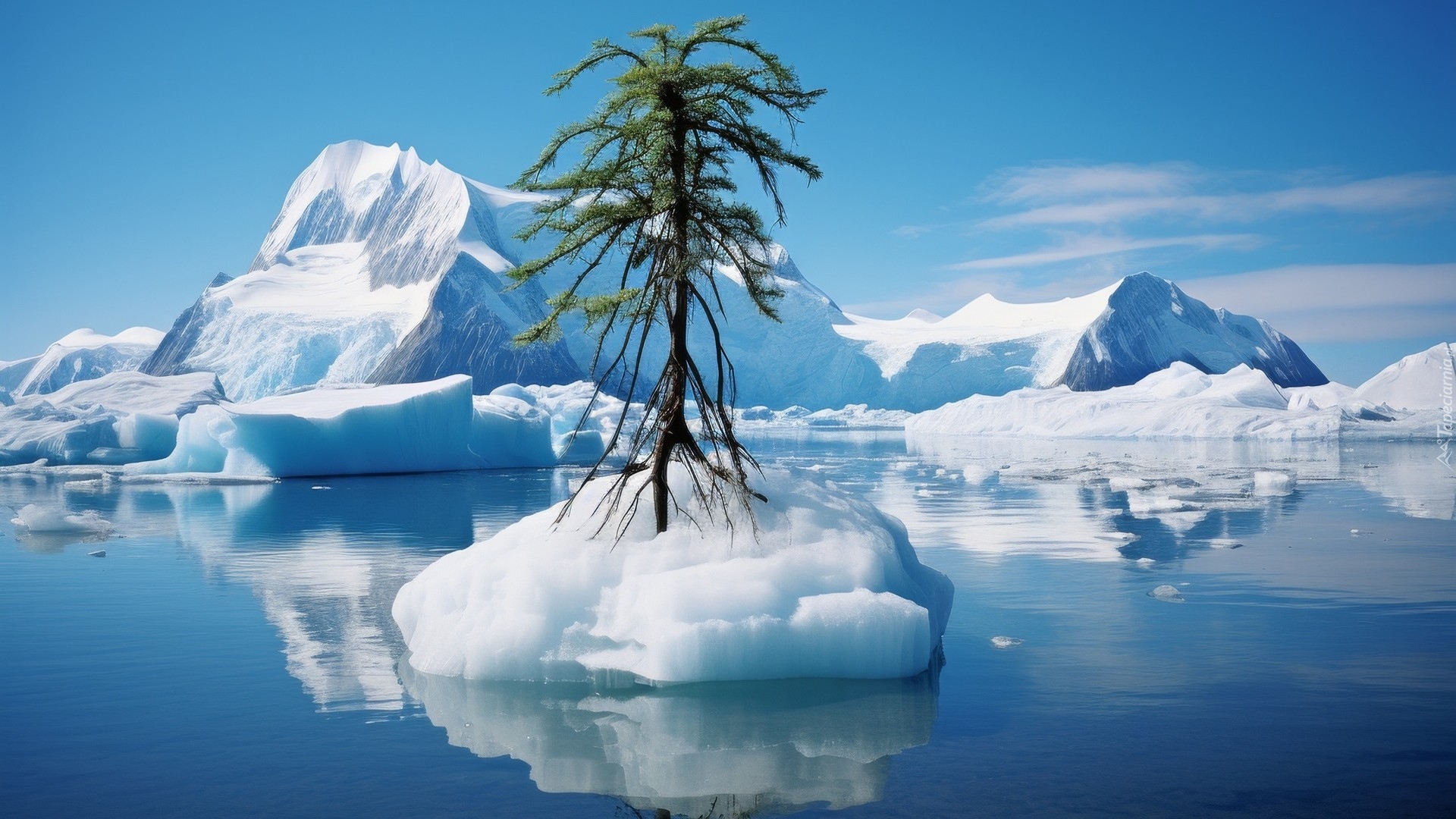 Góry lodowe, Morze, Drzewo, Grafika