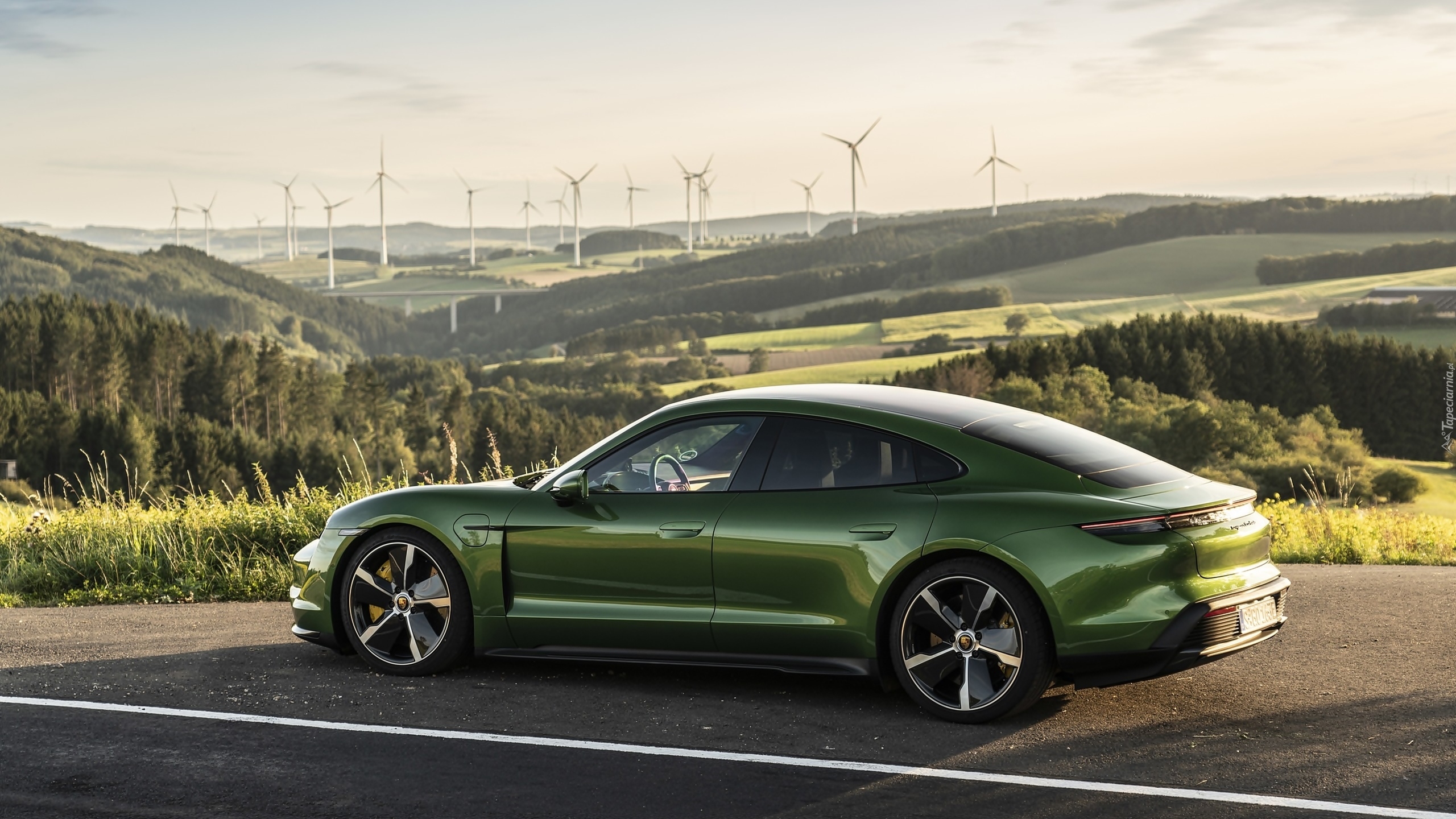 Zielone, Porsche Taycan Turbo, Droga, Wiatraki