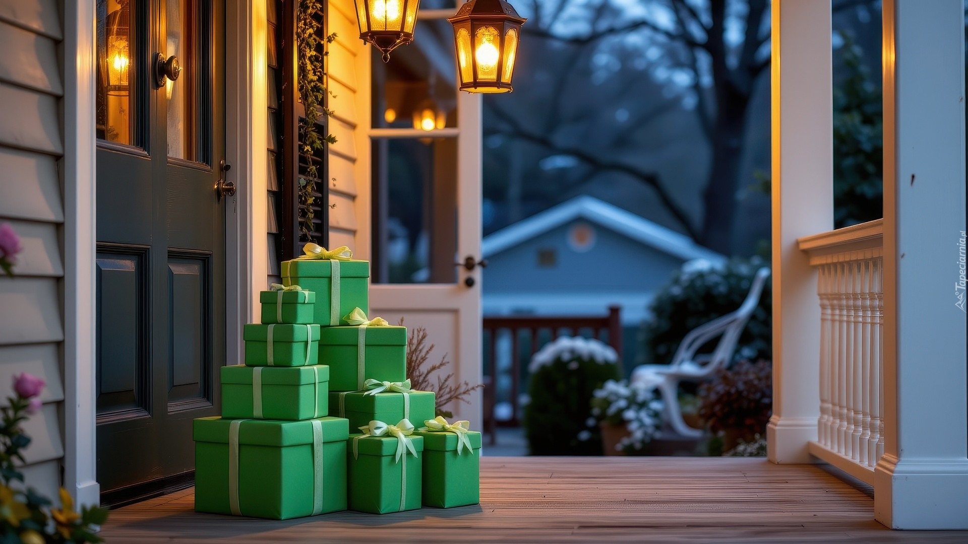 Zima, Dom, Taras, Zielone, Prezenty, Drzwi, Latarnie