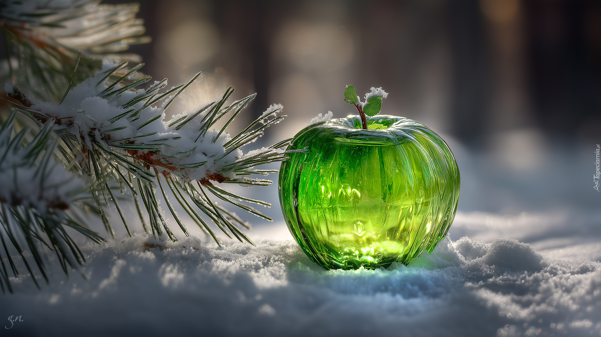Zielone, Szklane, Jabłko, Śnieg, Sosna, Grafika AI