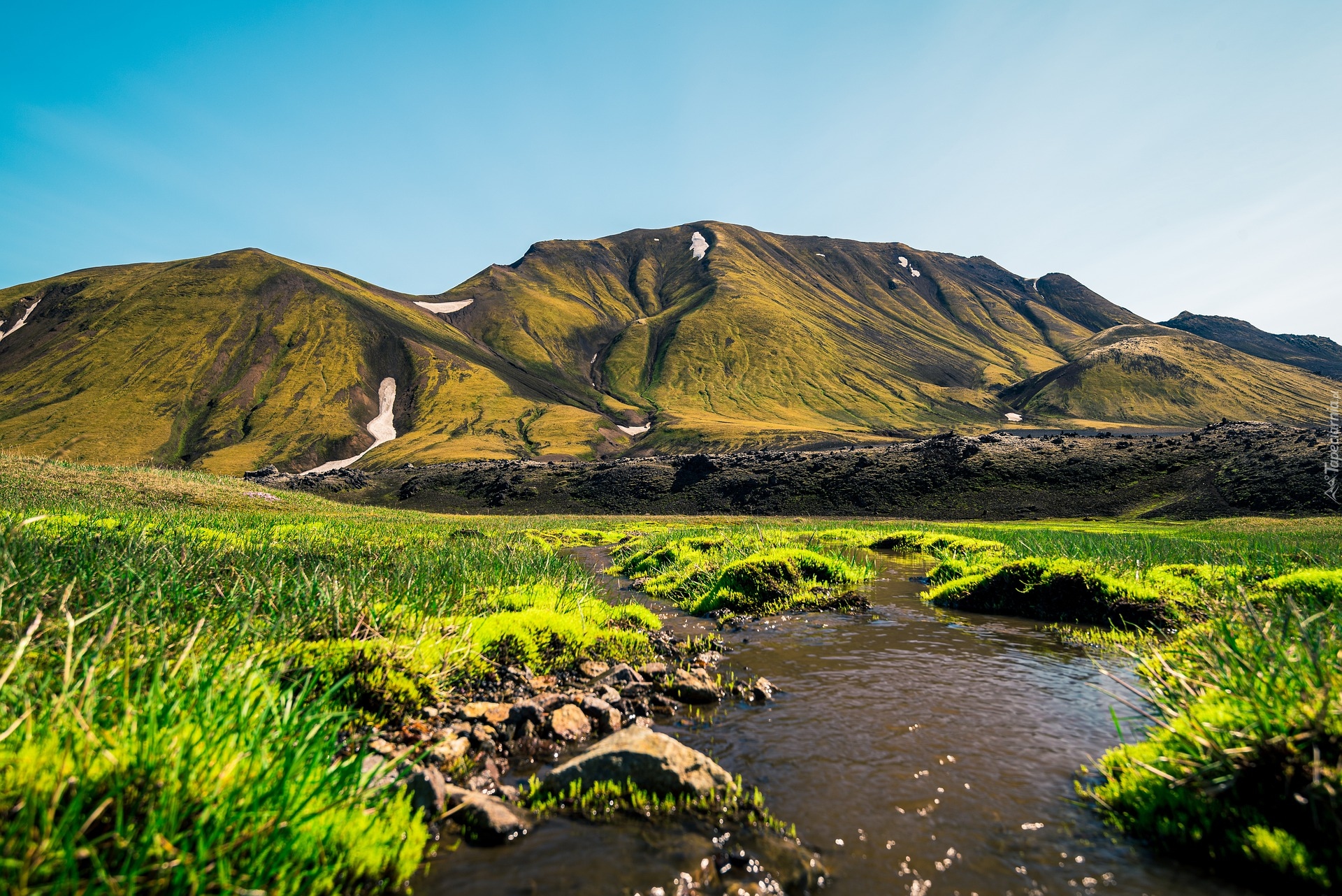 Islandia, Góry, Rzeka, Zielona, Trawa