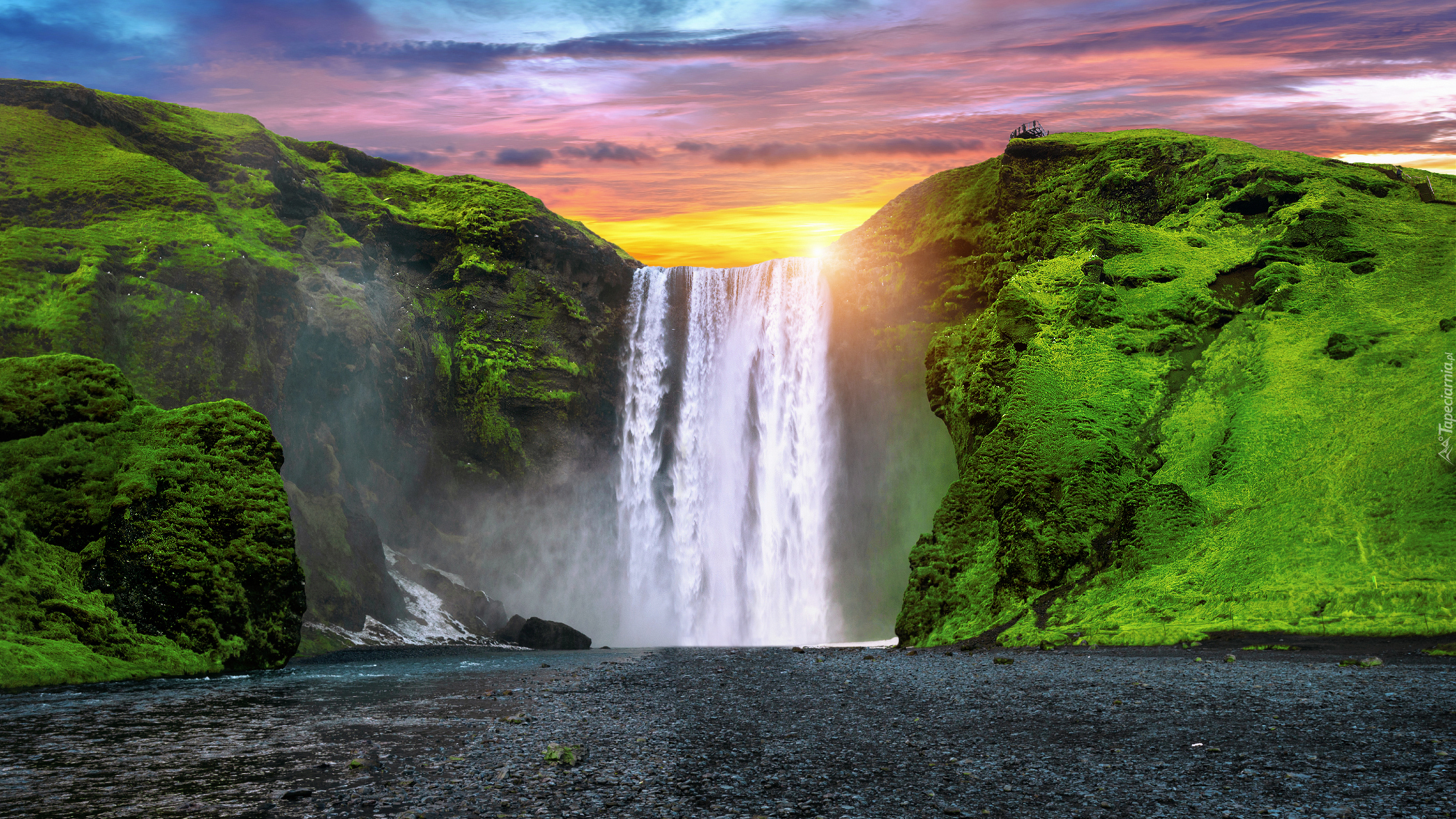 Wodospad, Skogafoss, Rzeka Skoga, Roślinność, Islandia