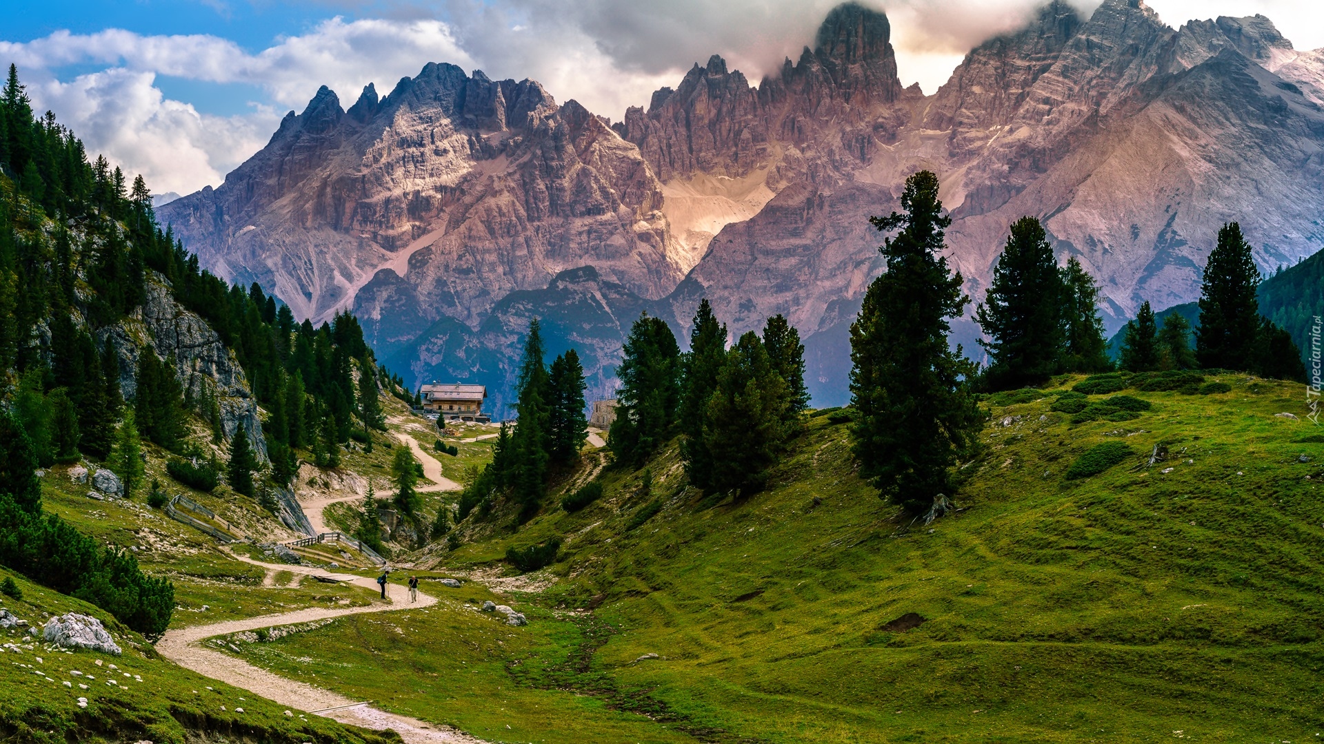 Włochy, Południowy Tyrol, Góry, Dolomity, Zielone, Wzgórza, Drzewa, Ścieżka, Chmury