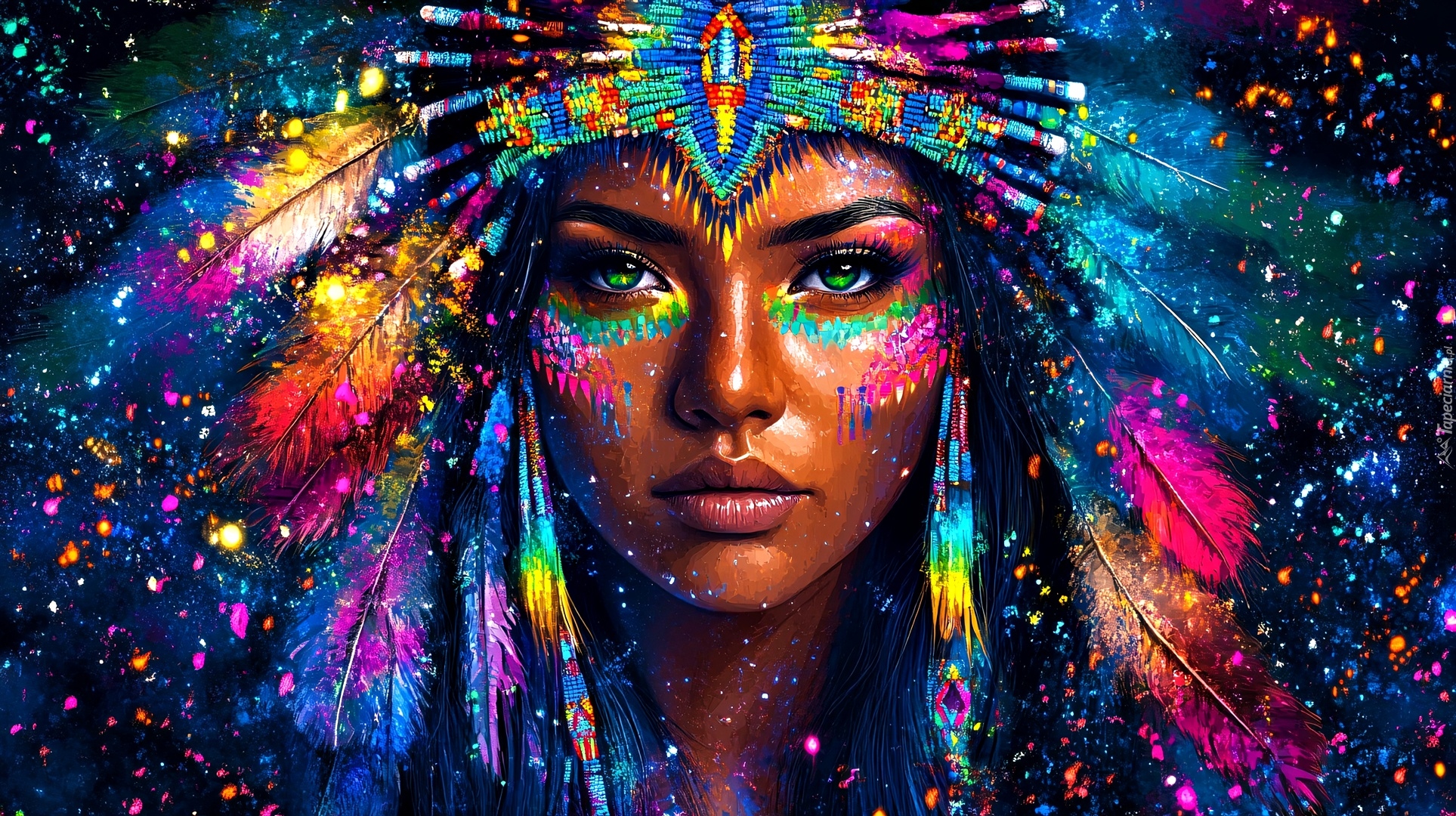 Kobieta, Indianka, Zielone, Oczy, Kolorowy, Pióropusz, Grafika