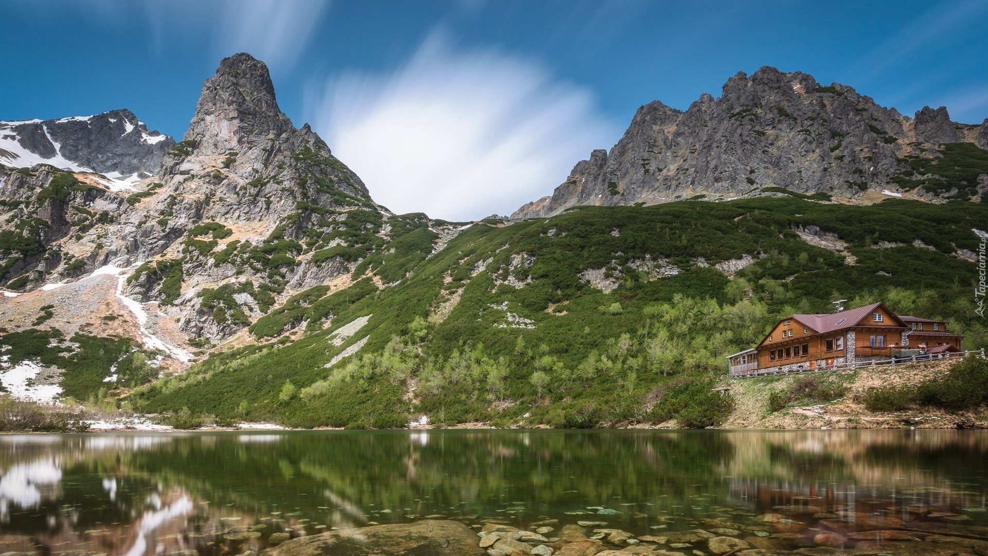 Góry, Tatry, Jezioro, Zielony Staw Kieżmarski, Dom, Odbicie, Słowacja