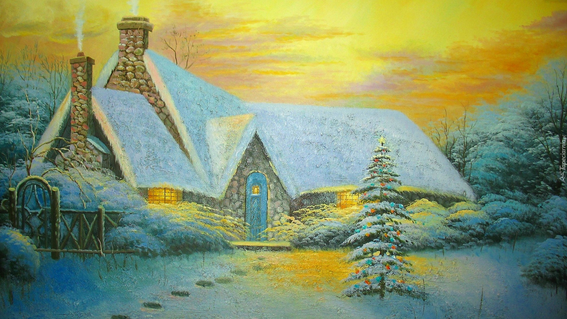 Malarstwo, Obraz, Zima, Boże Narodzenie, Dom