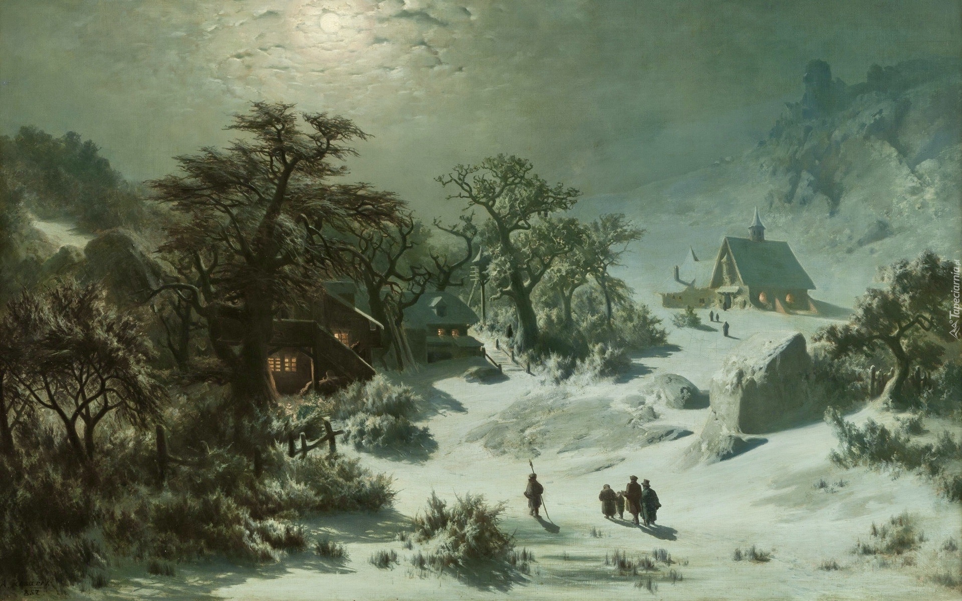 Obraz, Malarstwo, Adolf Kosarek, Zima, Śnieg, Domy, Postacie, Drzewa