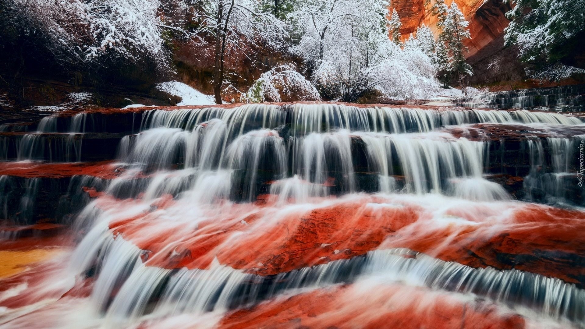 Stany Zjednoczone, Stan Utah, Park Narodowy Zion, Kanion, Wodospad Archangel Falls, Rzeka, Drzewa, Zima, Śnieg