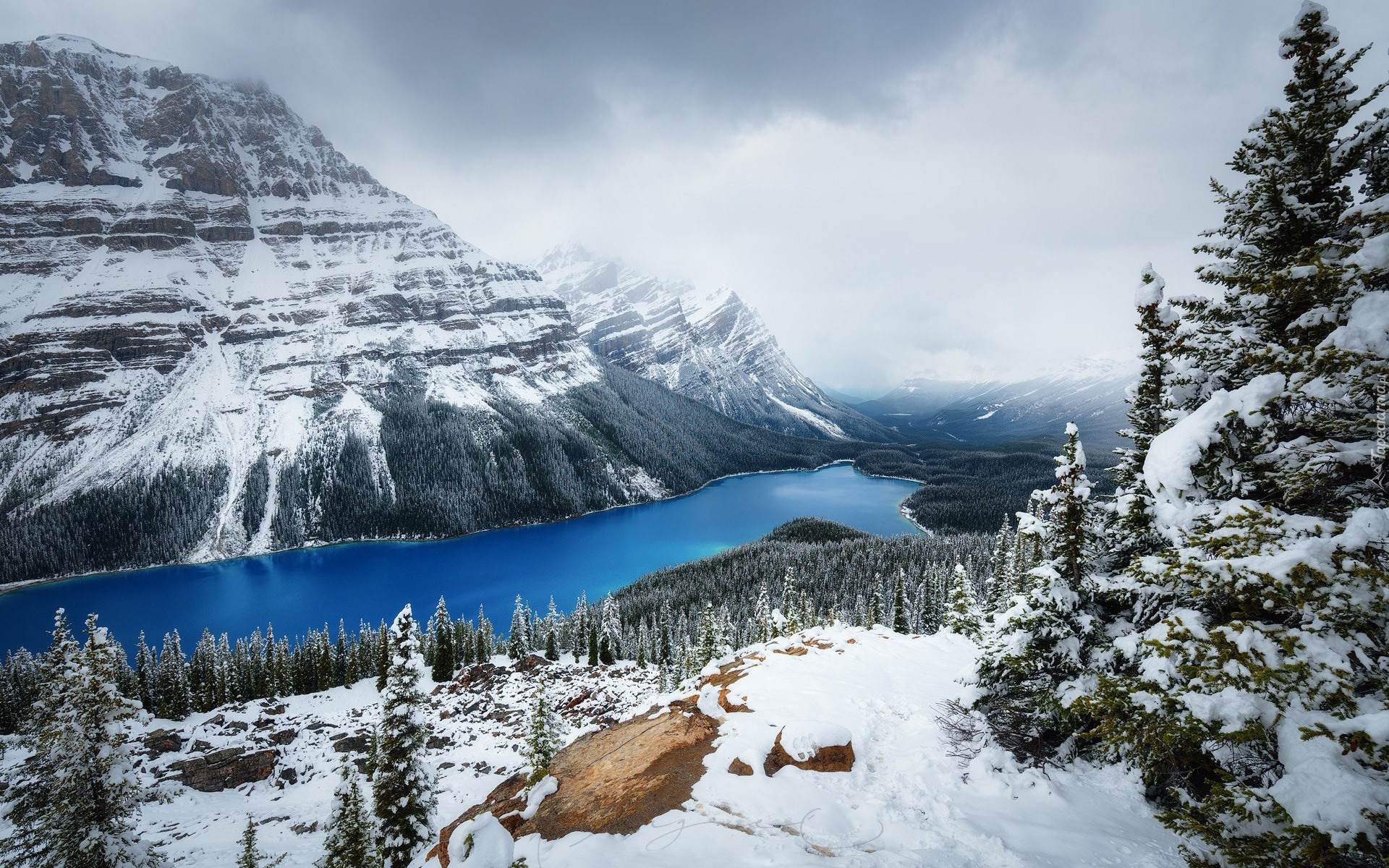 Park Narodowy Banff, Zima, Góry, Ośnieżone, Lasy, Drzewa, Jezioro, Lake Peyto, Chmury, Prowincja Alberta, Kanada