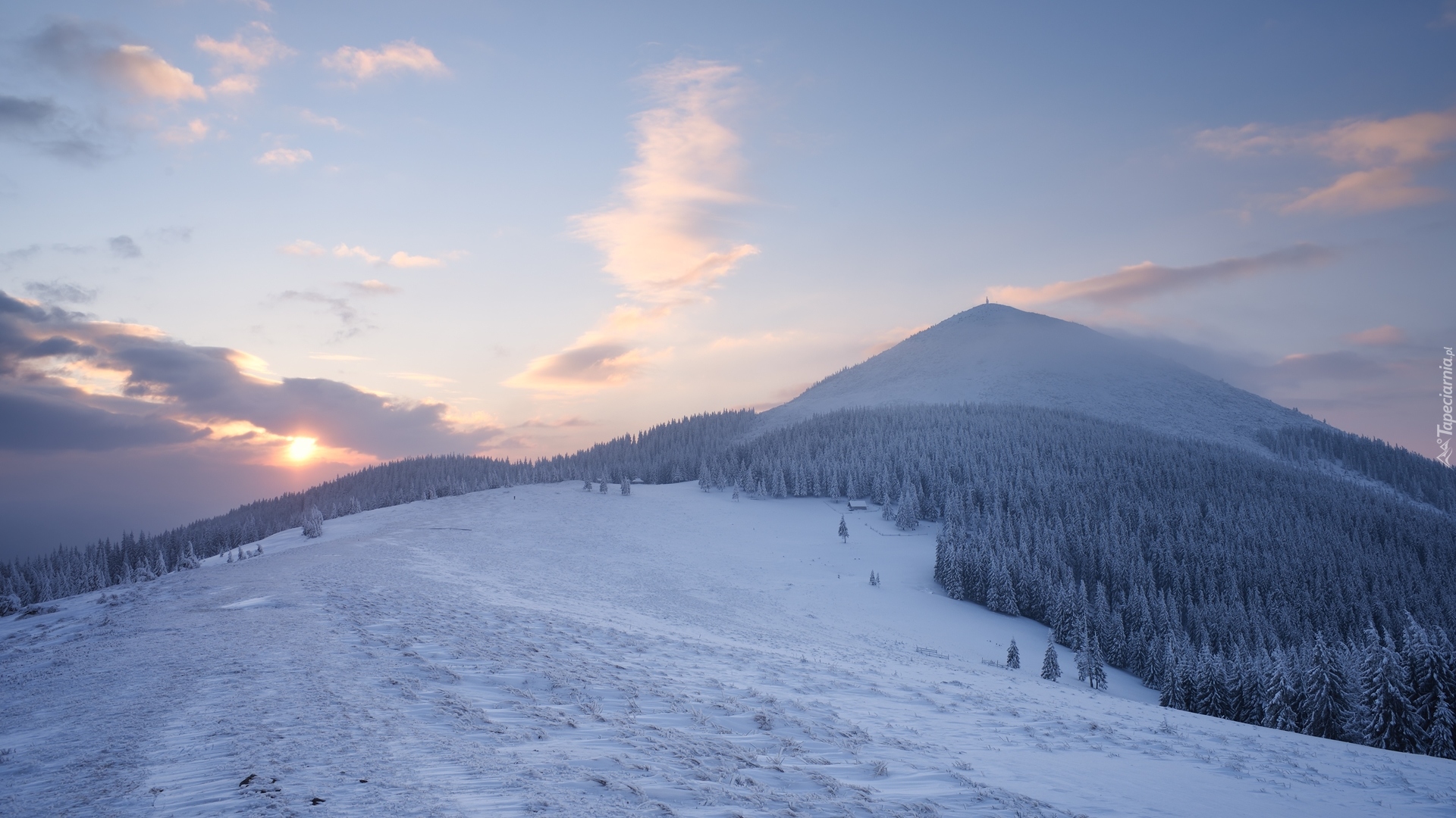 Góry Karpaty, Zima, Las, Wschód słońca, Chmury, Ukraina