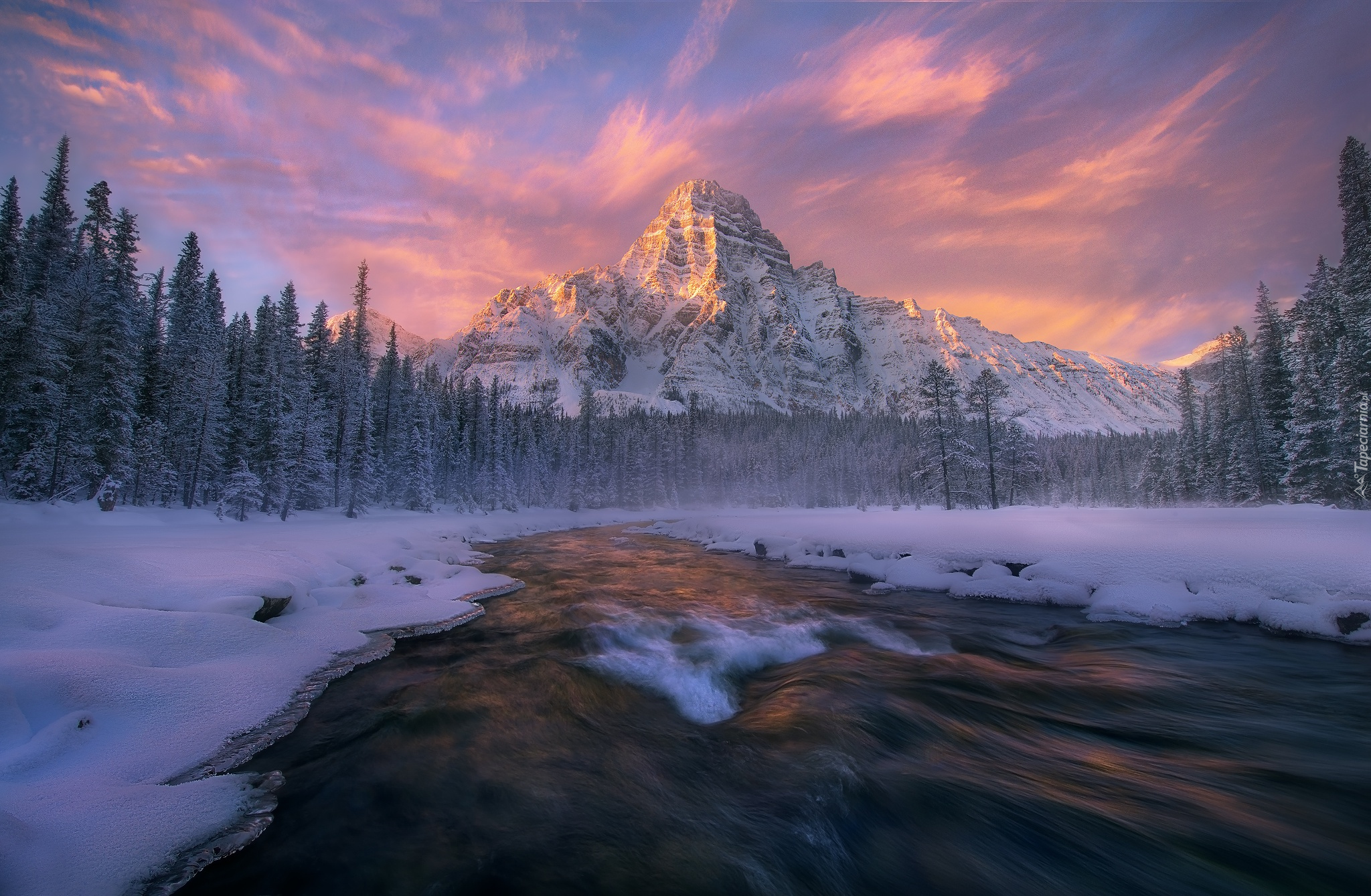 Kanada, Park Narodowy Banff, Zima, Rzeka, Drzewa, Góry
