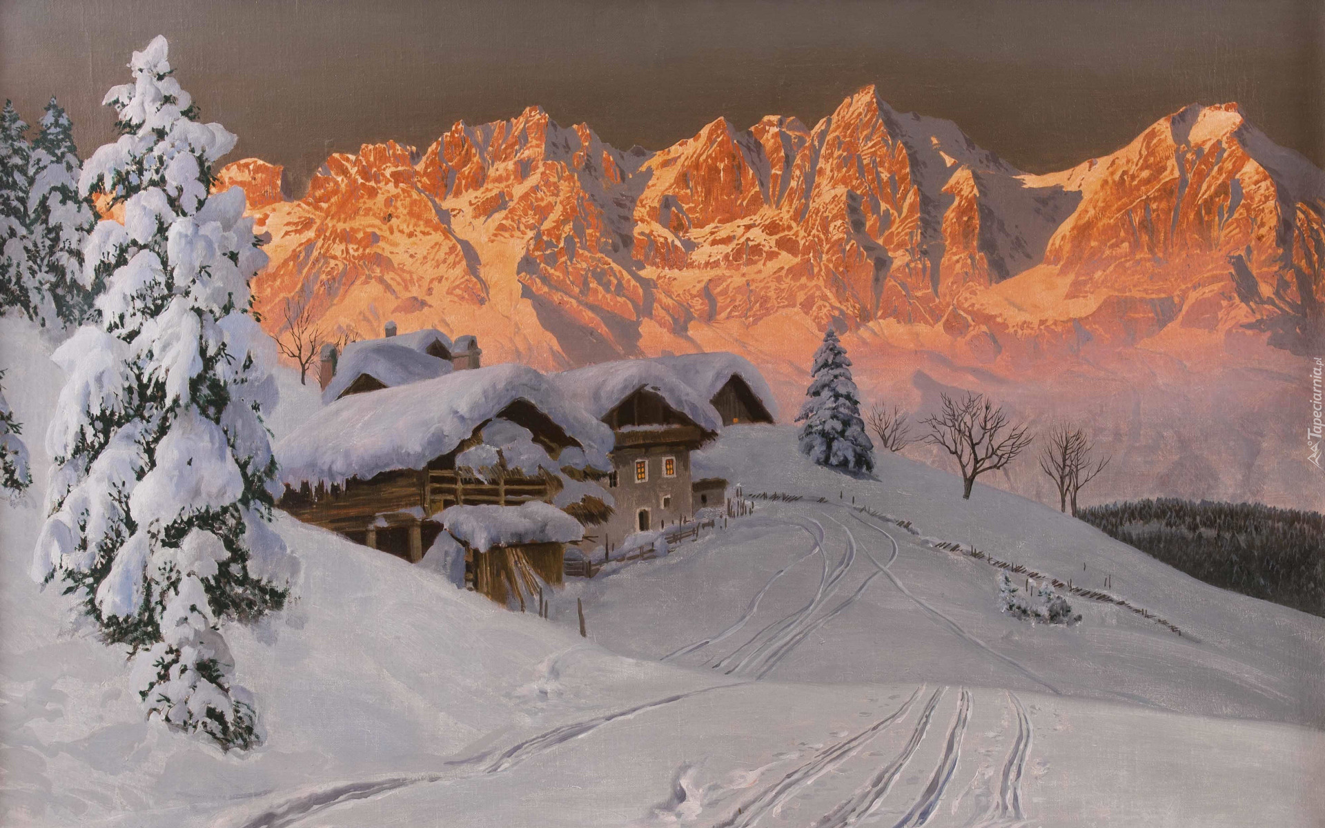 Malarstwo, Obraz, Alois Arnegger, Zima, Śnieg, Góry, Domy, Świerki