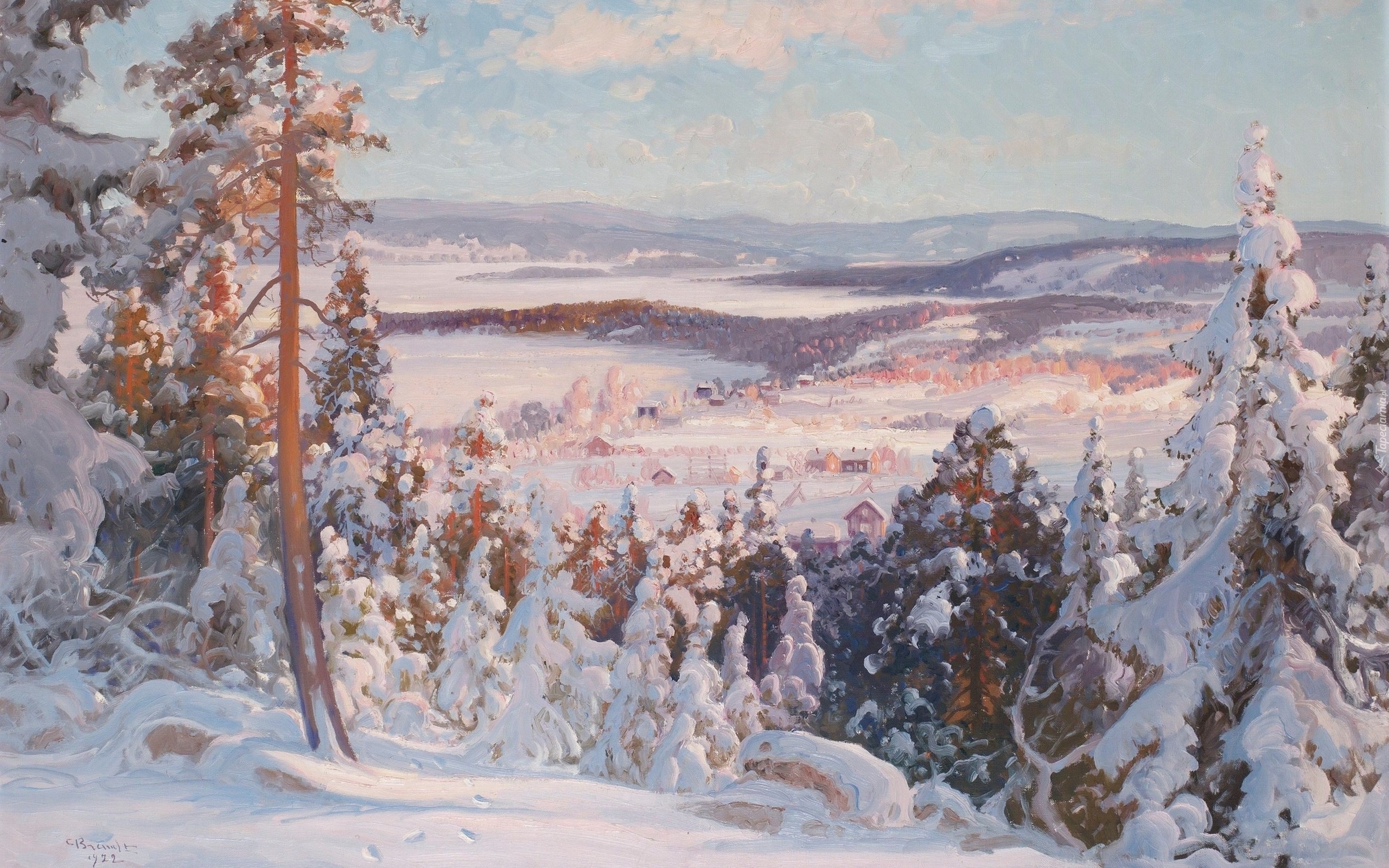 Zima, Drzewa, Góry, Dolina, Domy, Malarstwo, Carl August Brandt
