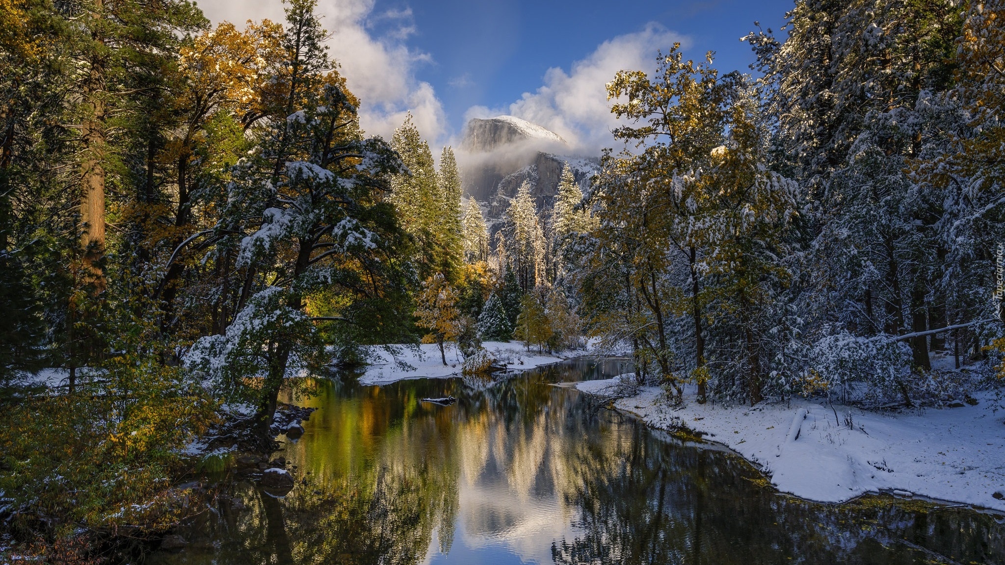 Park Narodowy Yosemite, Rzeka, Merced River, Góry, Drzewa, Śnieg, Kalifornia, Stany Zjednoczone