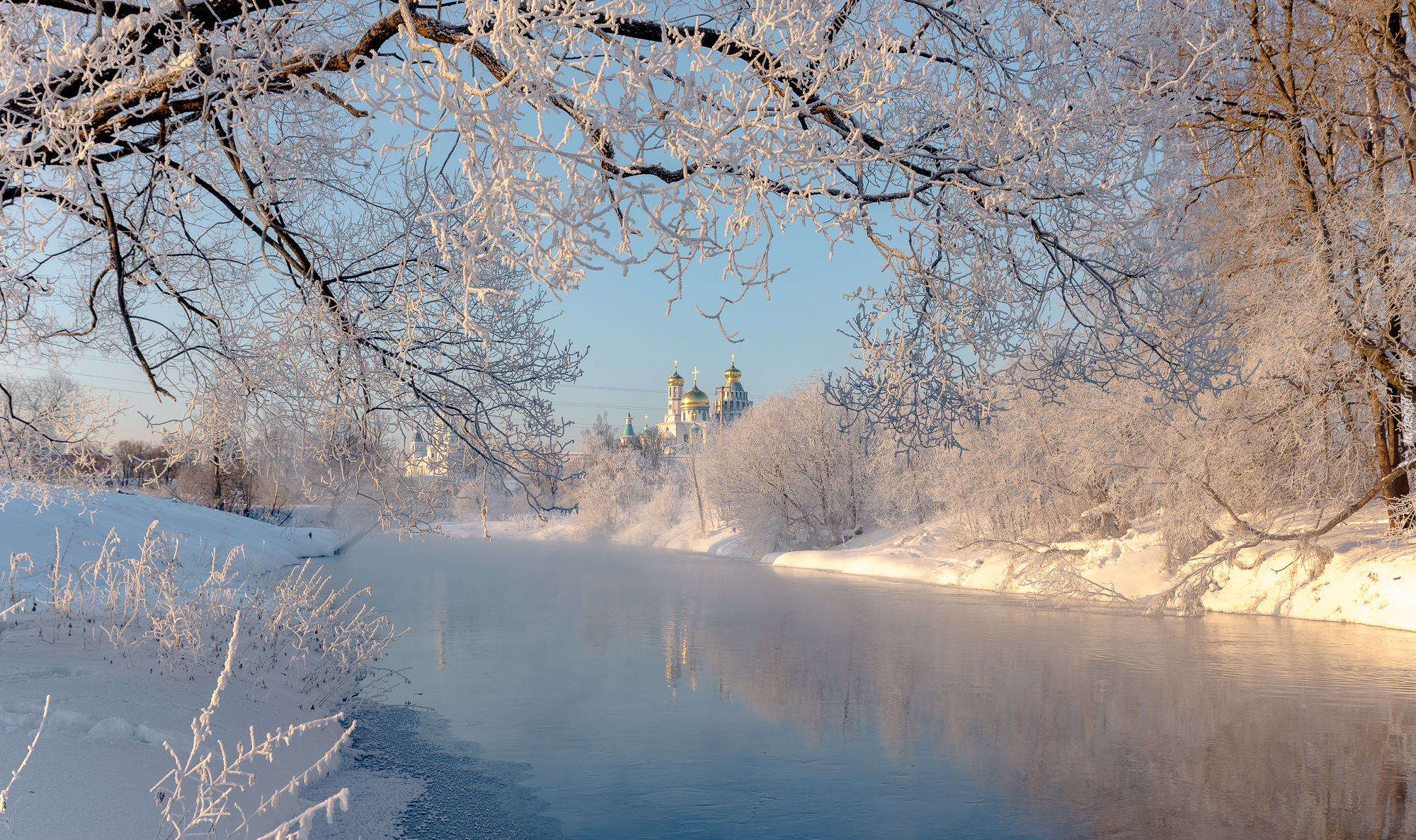 Zima, Rzeka, Drzewa, Cerkiew