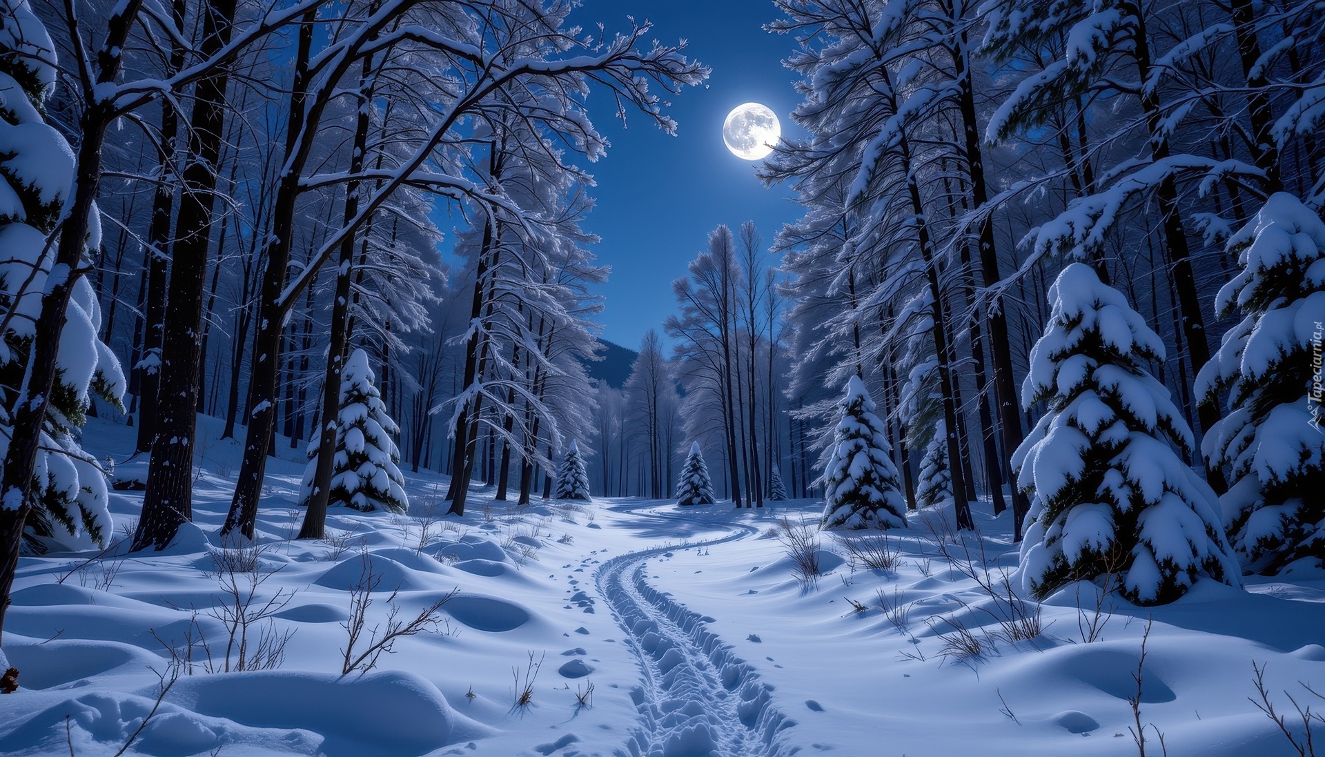 Zima, Droga, Ośnieżone, Drzewa, Noc, Księżyc, Grafika AI