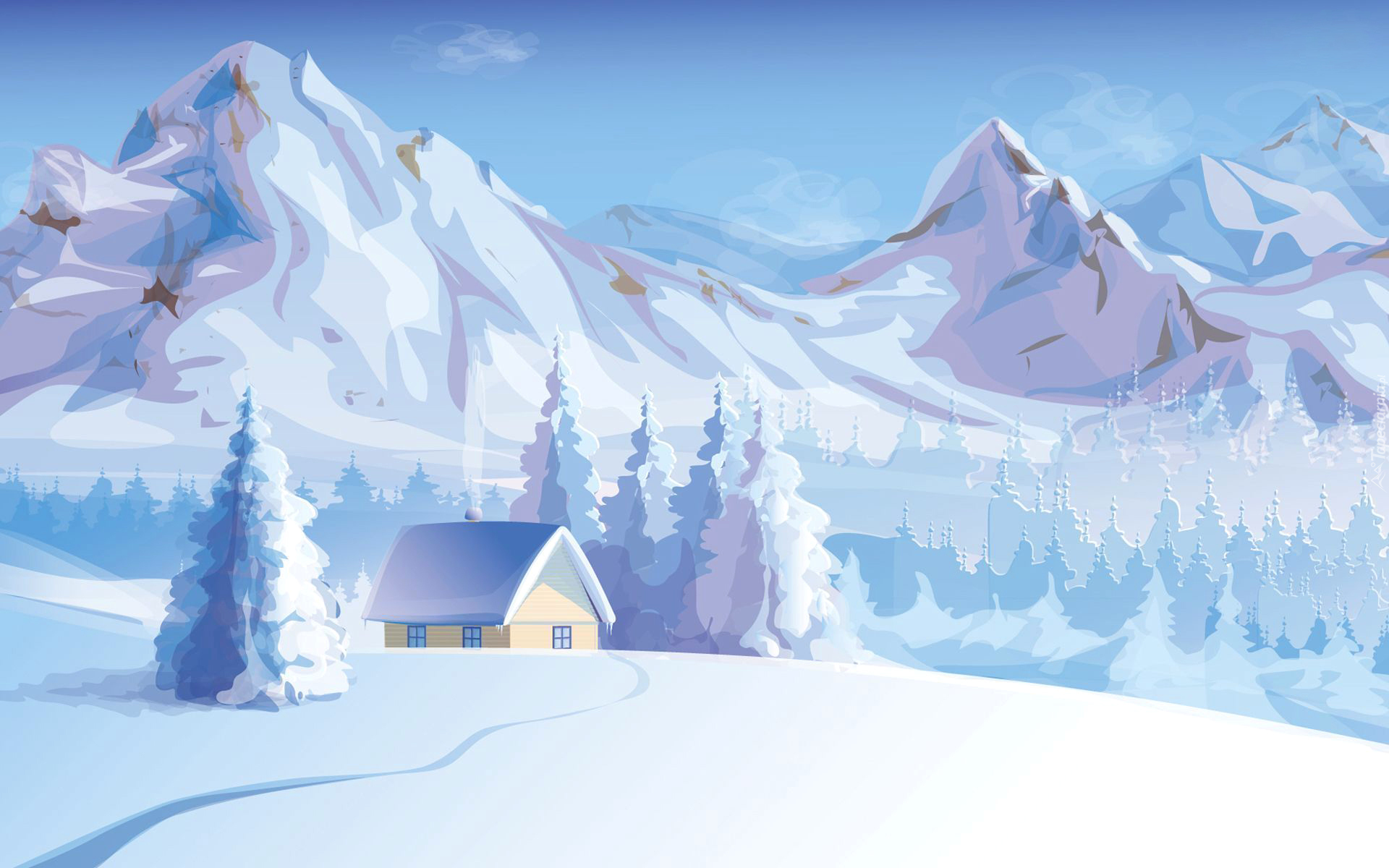 Zima, Góry, Choinki, Las, Dom, Grafika 2D