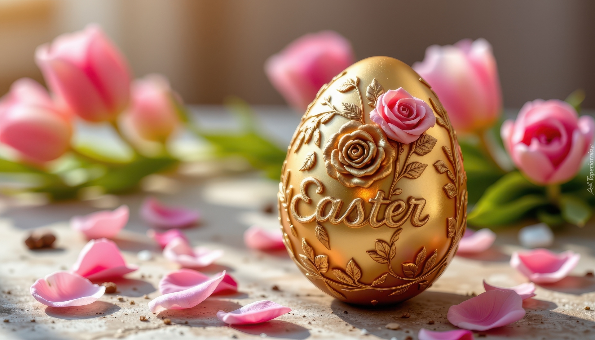 Wielkanoc, Złota, Pisanka, Napis, Easter, Róża, Płatki