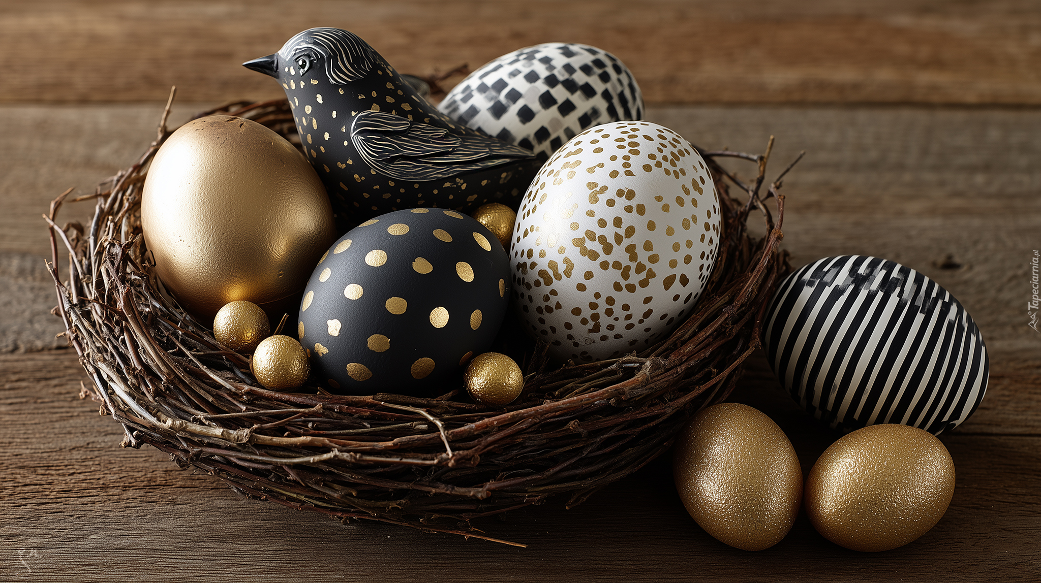 Złote, Białe, Czarne, Pisanki, Gniazdko, Wielkanoc, Figurka, Ptak, Grafika AI