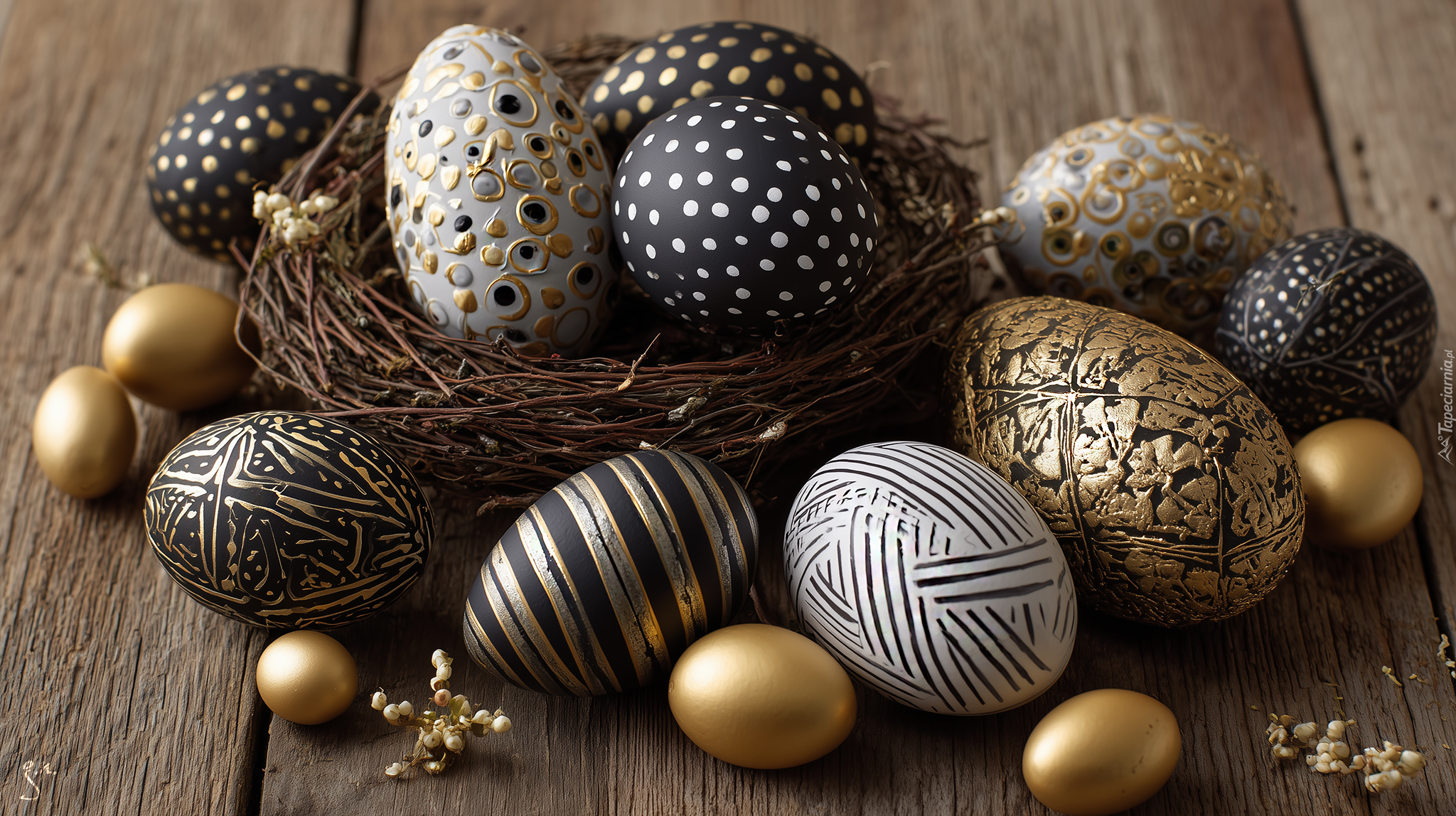 Wielkanoc, Złote, Czarne, Pisanki, Gniazdko, Grafika AI