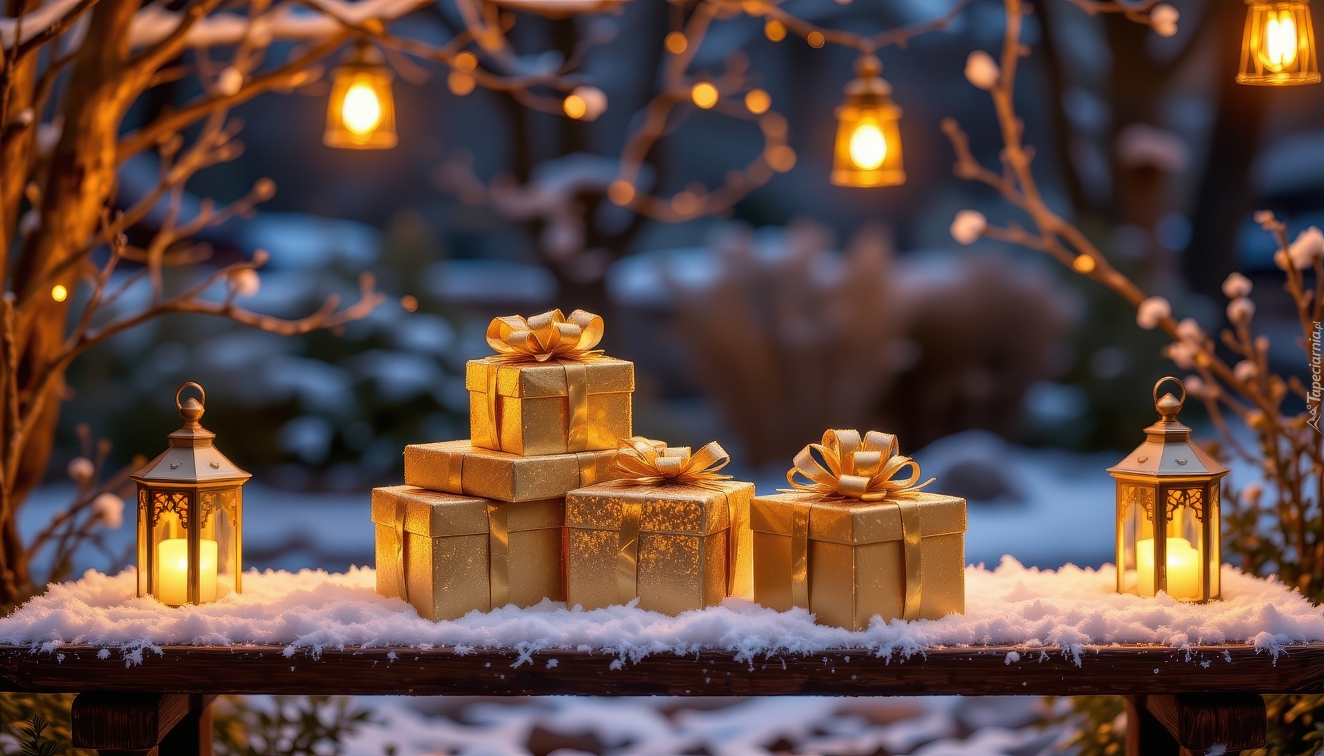 Złote, Prezenty, Lampiony, Ławka, Grafika AI