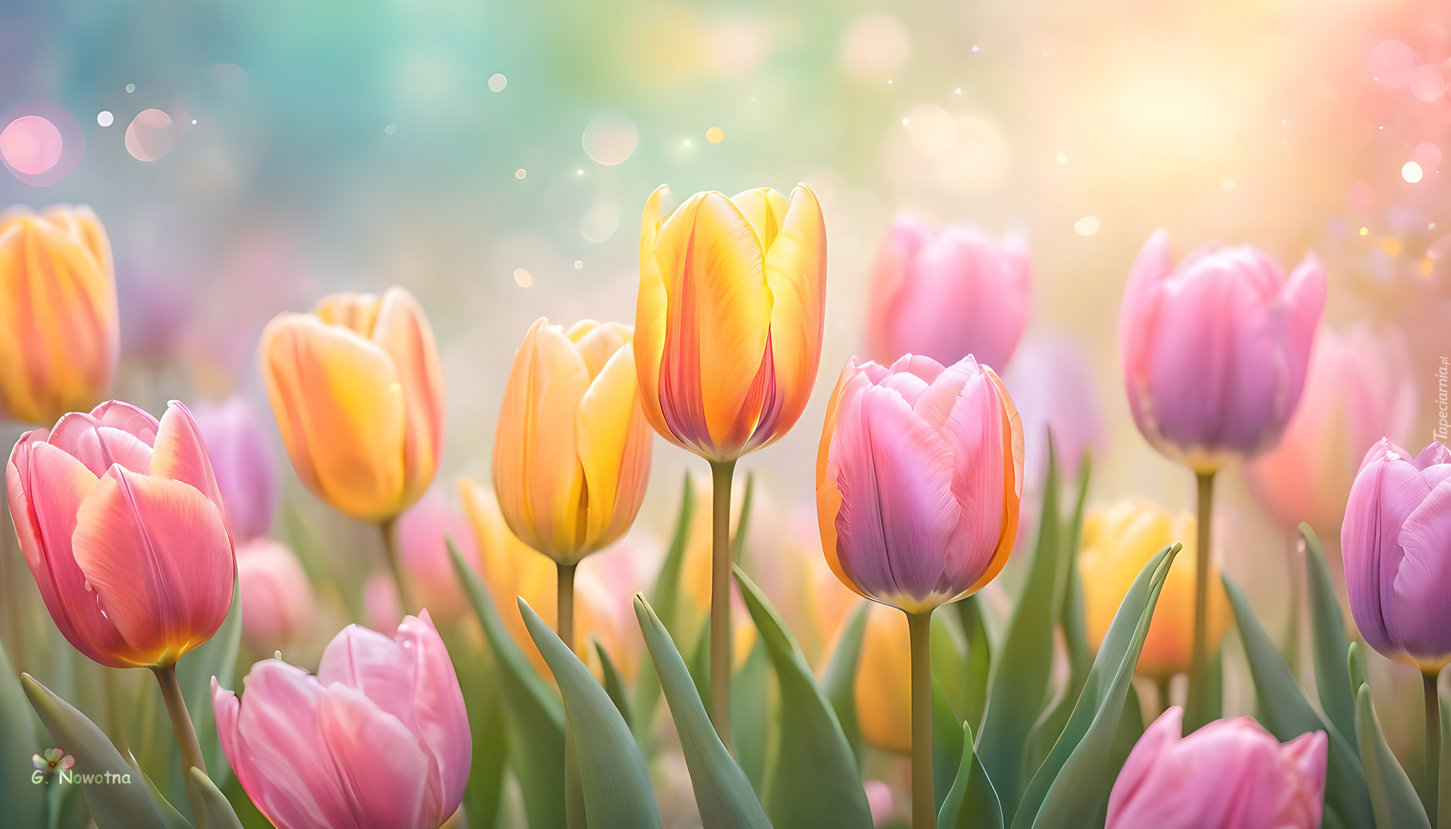 Różowe, Żółte, Tulipany, Kwiaty, Grafika