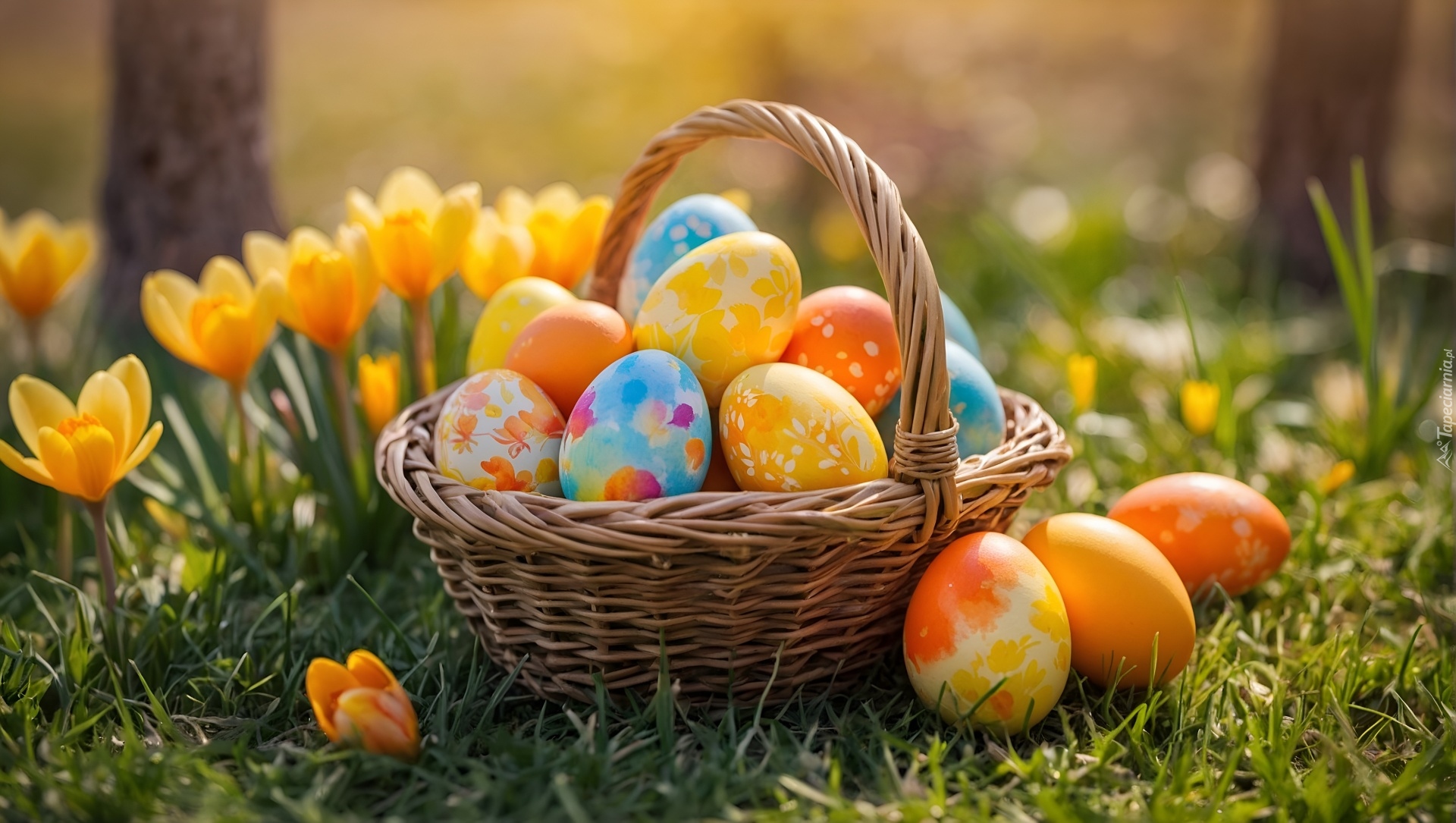 Wielkanoc, Koszyk, Kolorowe, Pisanki, Trawa, Kwiaty, Krokusy