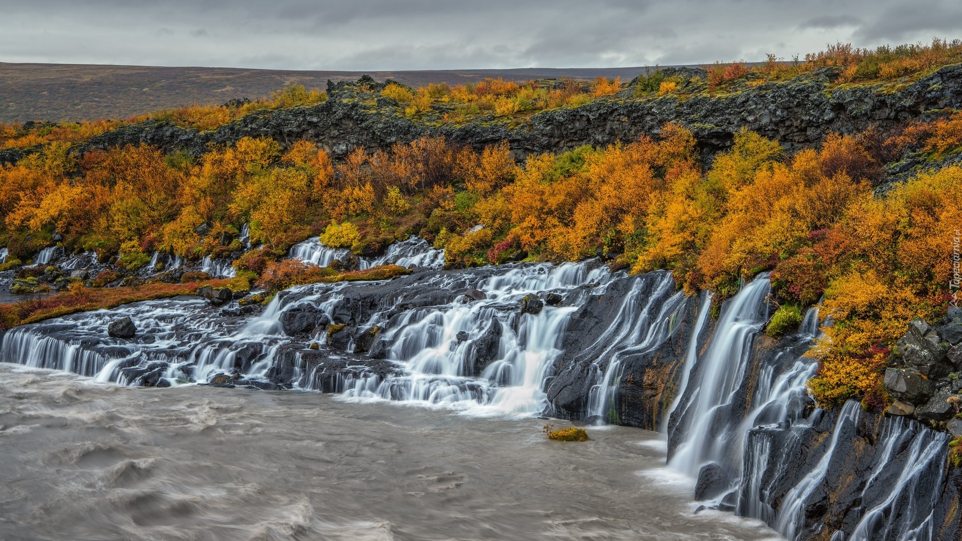 Jesień, Żółte, Krzewy, Skały, Wodospad Hraunfossar, Islandia