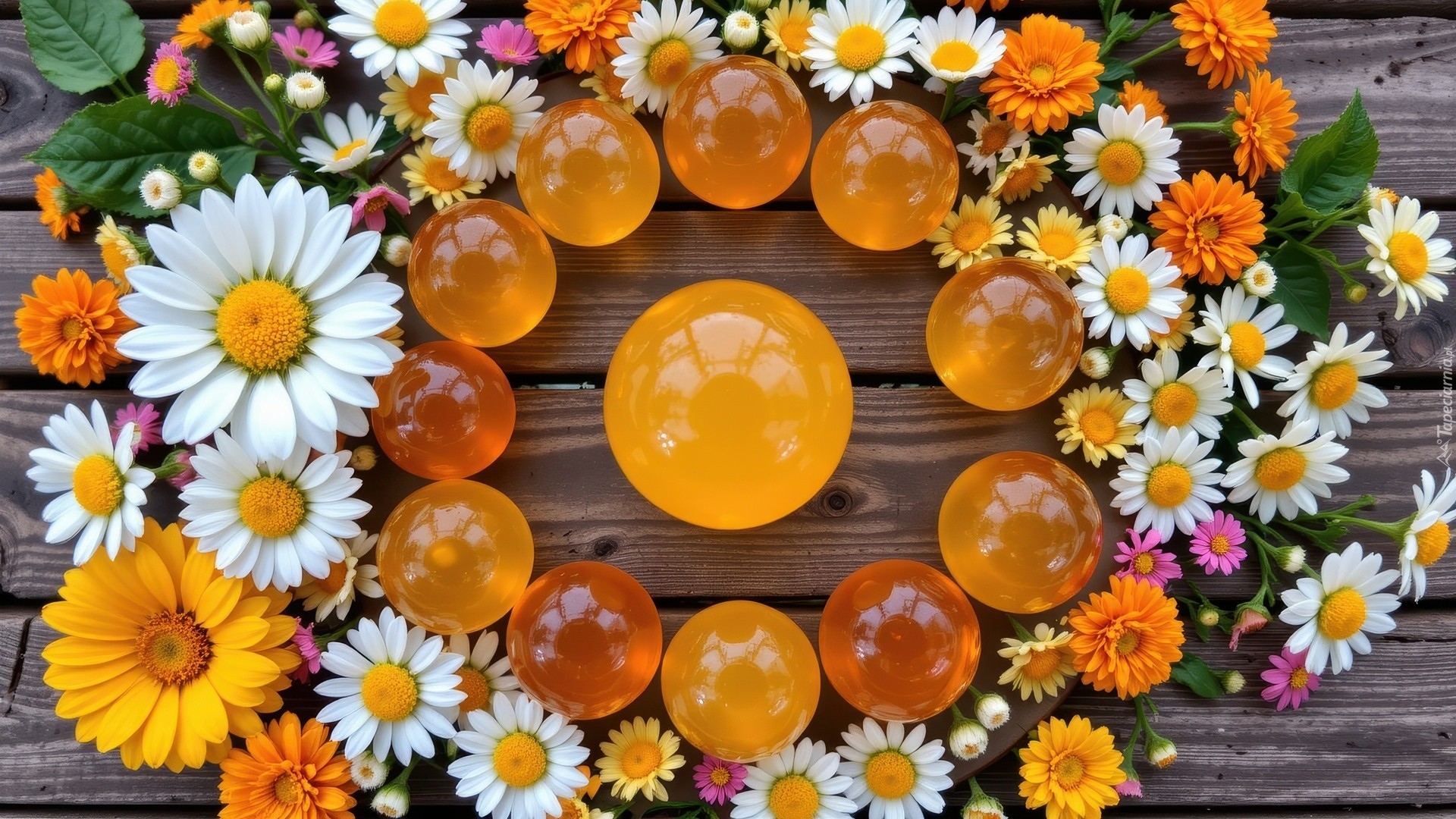 Kolorowe, Kwiaty, Żółte, Kule, Deski