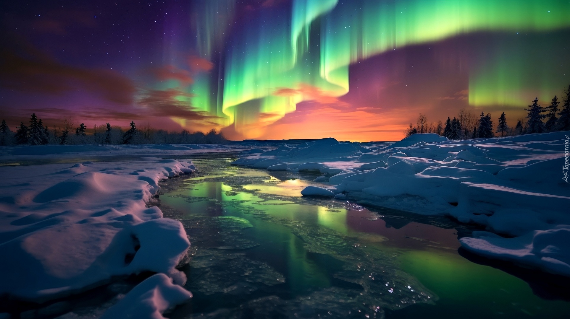 Zima, Rzeka, Zorza polarna, Grafika AI