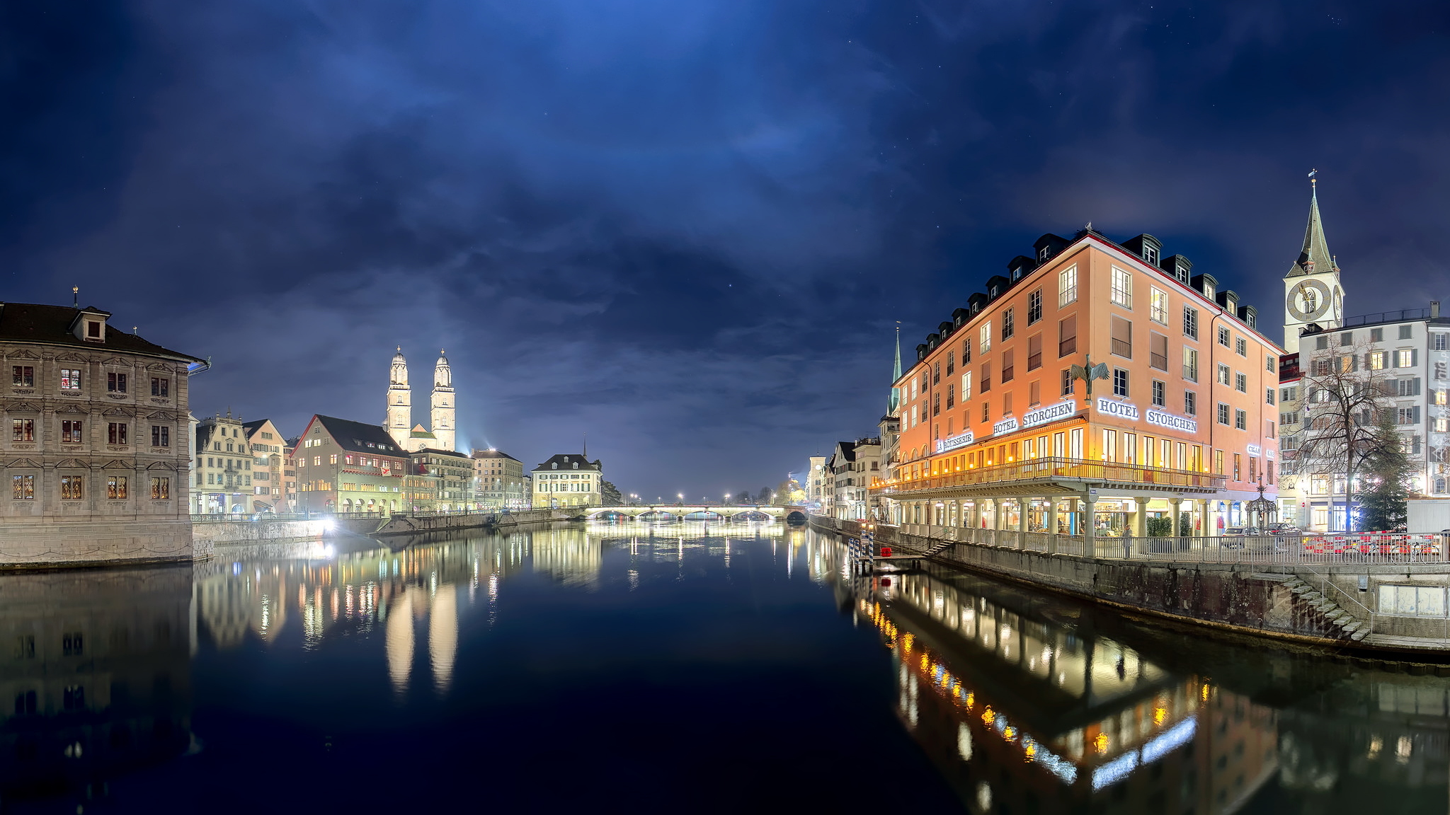 Rzeka Limmat, Zurich, Most, Oświetlone, Budynki, Noc, Szwajcaria