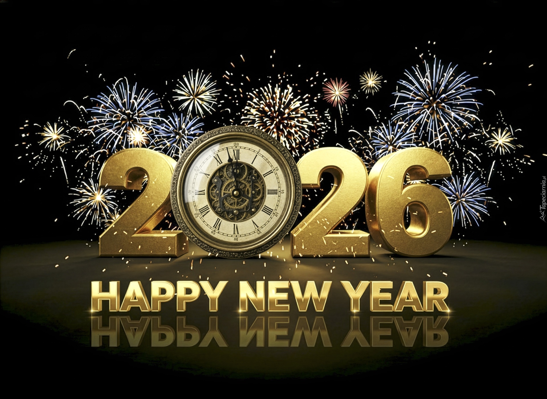 Napis, Happy New Year, Nowy Rok, 2026, Zegar, Fajerwerki, Sylwester